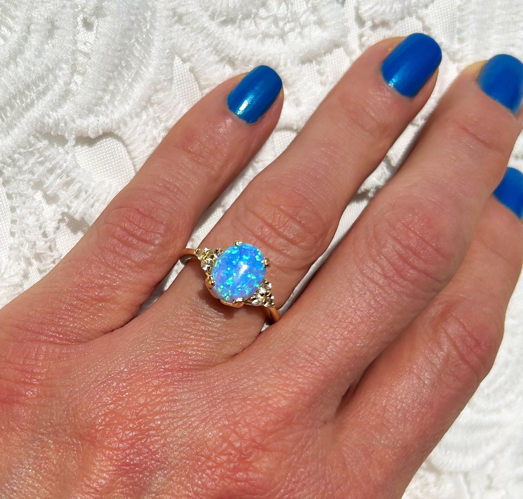 Blue Opal Ring - October Birthstone - Oval Blue Opal Gemstone Statement Engagement Ring with Clear Quartz Accents - H.L.Jewelry