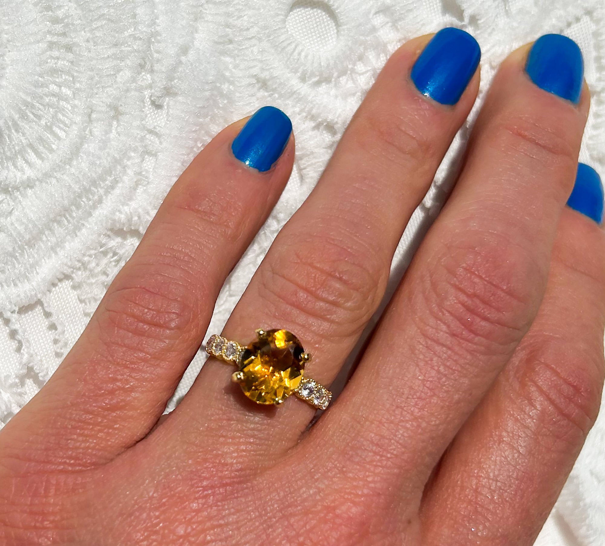 Citrine Ring - November Birthstone - Oval Citrine Gemstone Statement Engagement Ring with Clear Quartz Accents - H.L.Jewelry