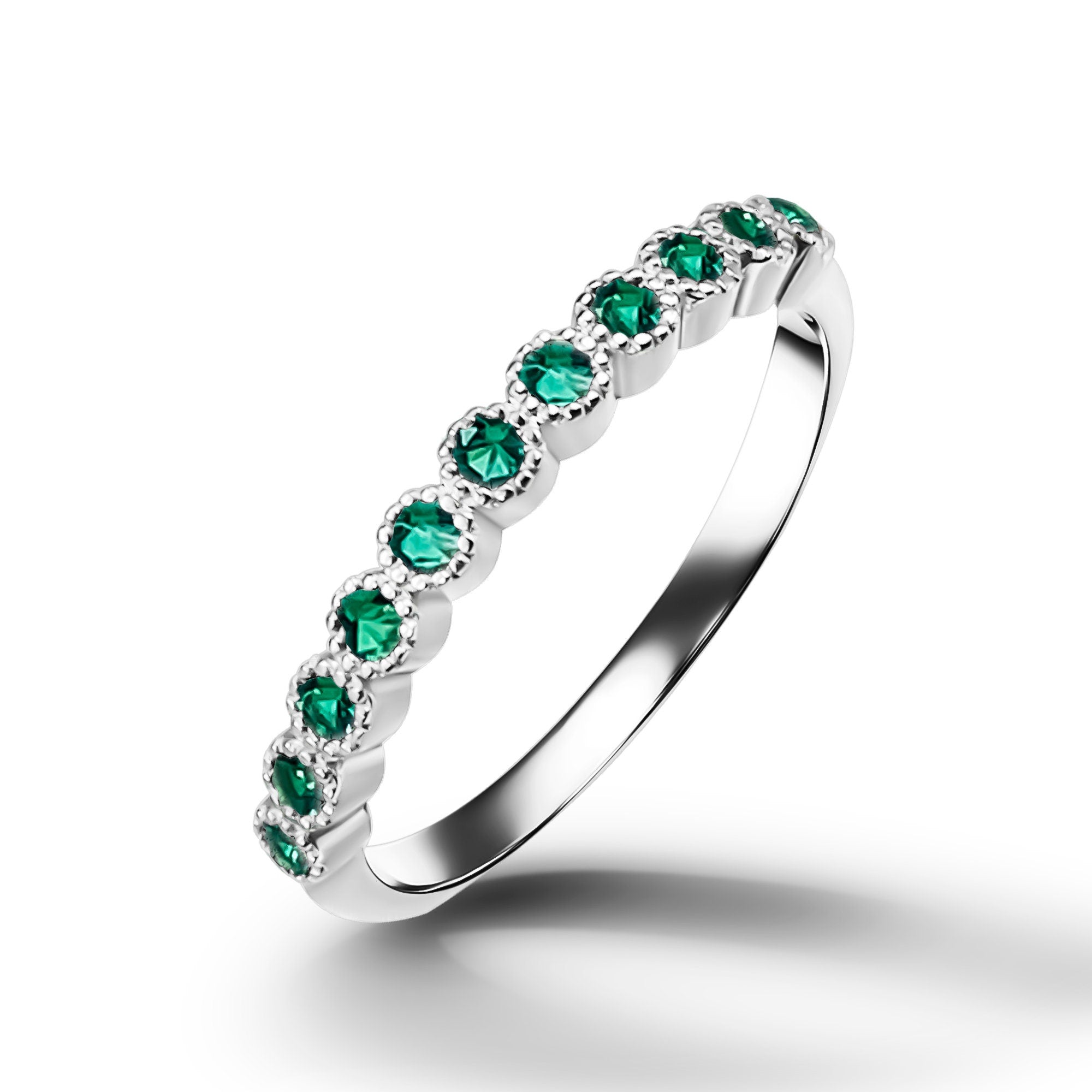 Emerald Ring - May Birthstone - Delicate Stacking Half Eternity Ring with Eleven Round Emerald Gemstones - H.L.Jewelry