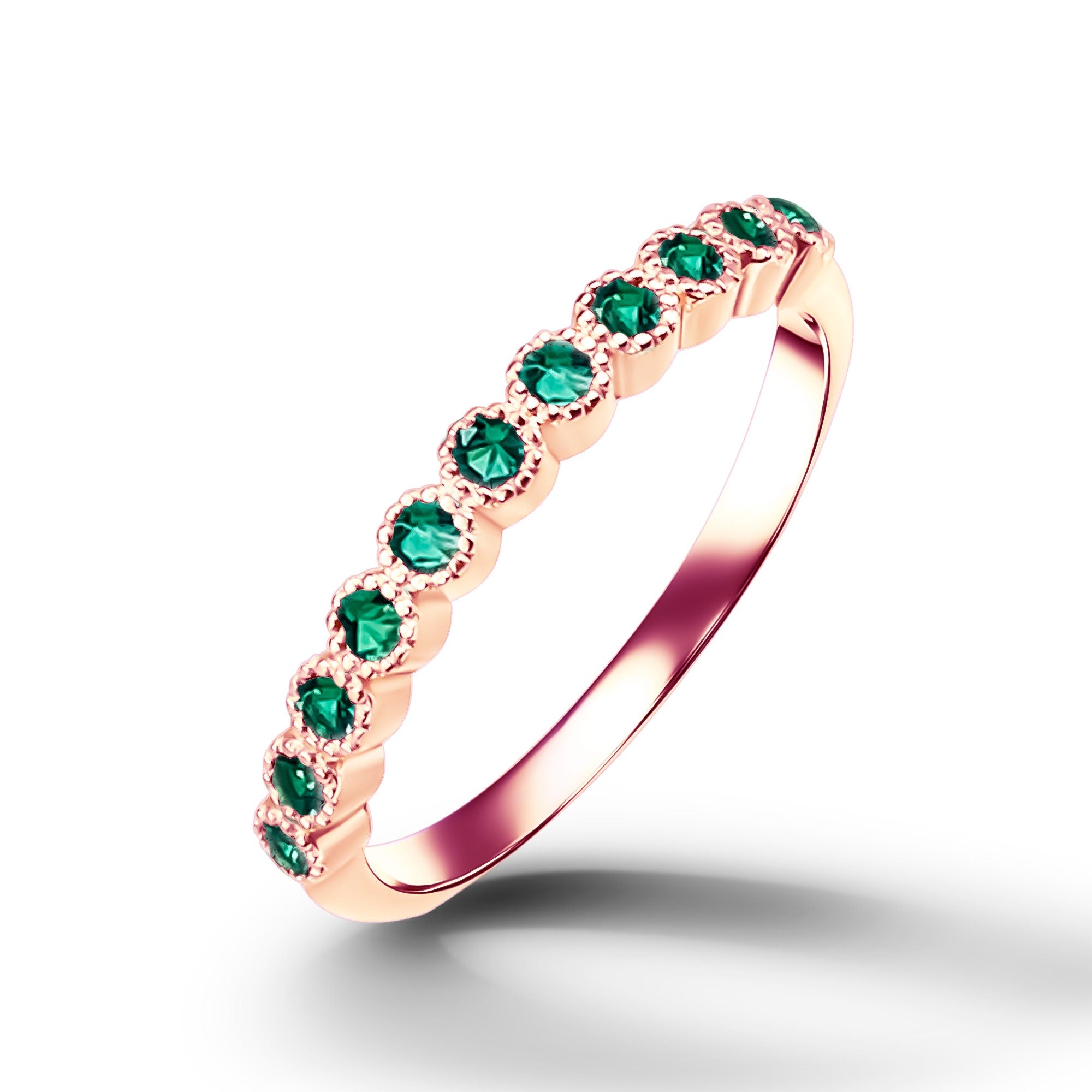 Emerald Ring - May Birthstone - Delicate Stacking Half Eternity Ring with Eleven Round Emerald Gemstones - H.L.Jewelry