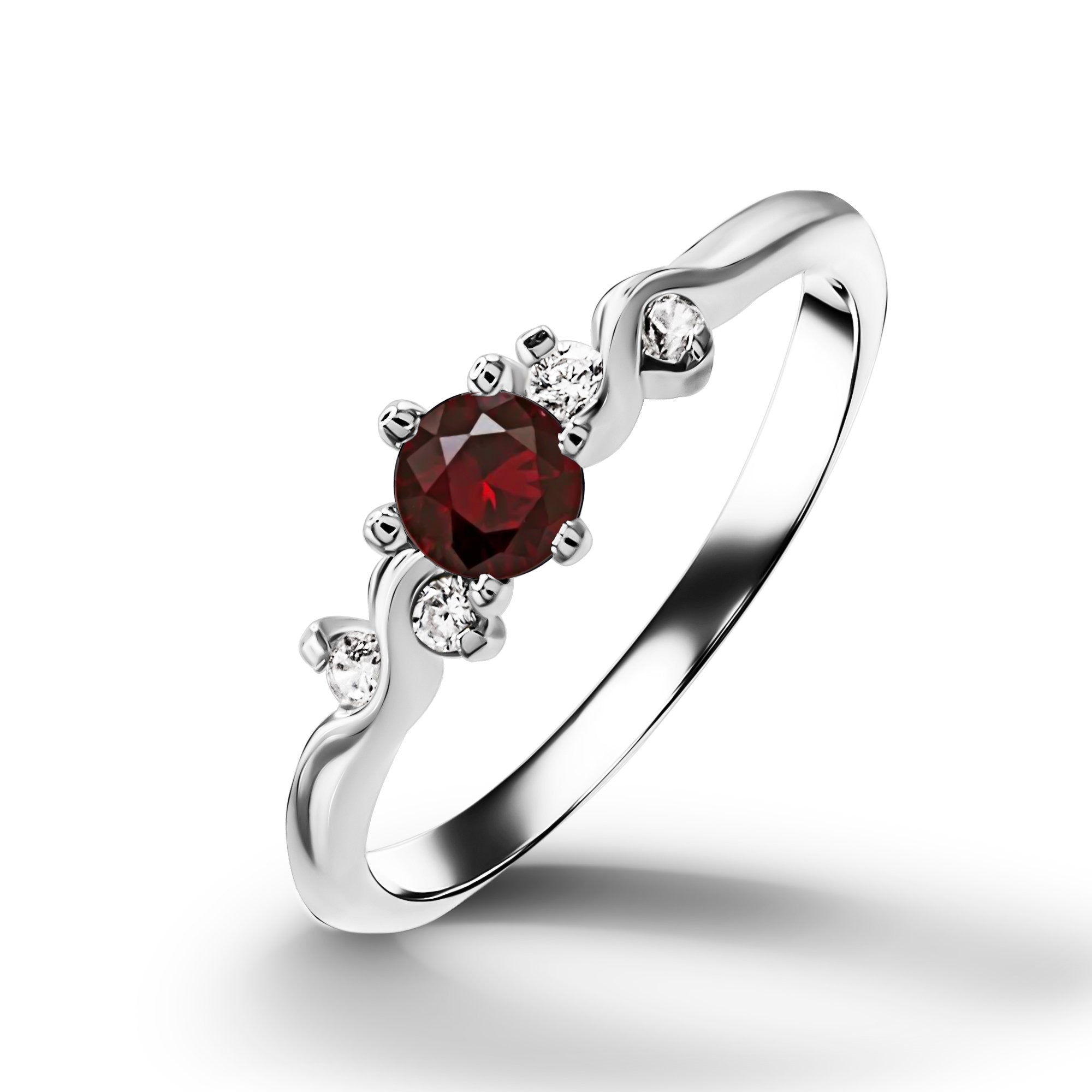 Red Garnet Ring - January Birthstone - Delicate Ring with Round Red Garnet Gemstone and Clear Quartz Accents - H.L.Jewelry