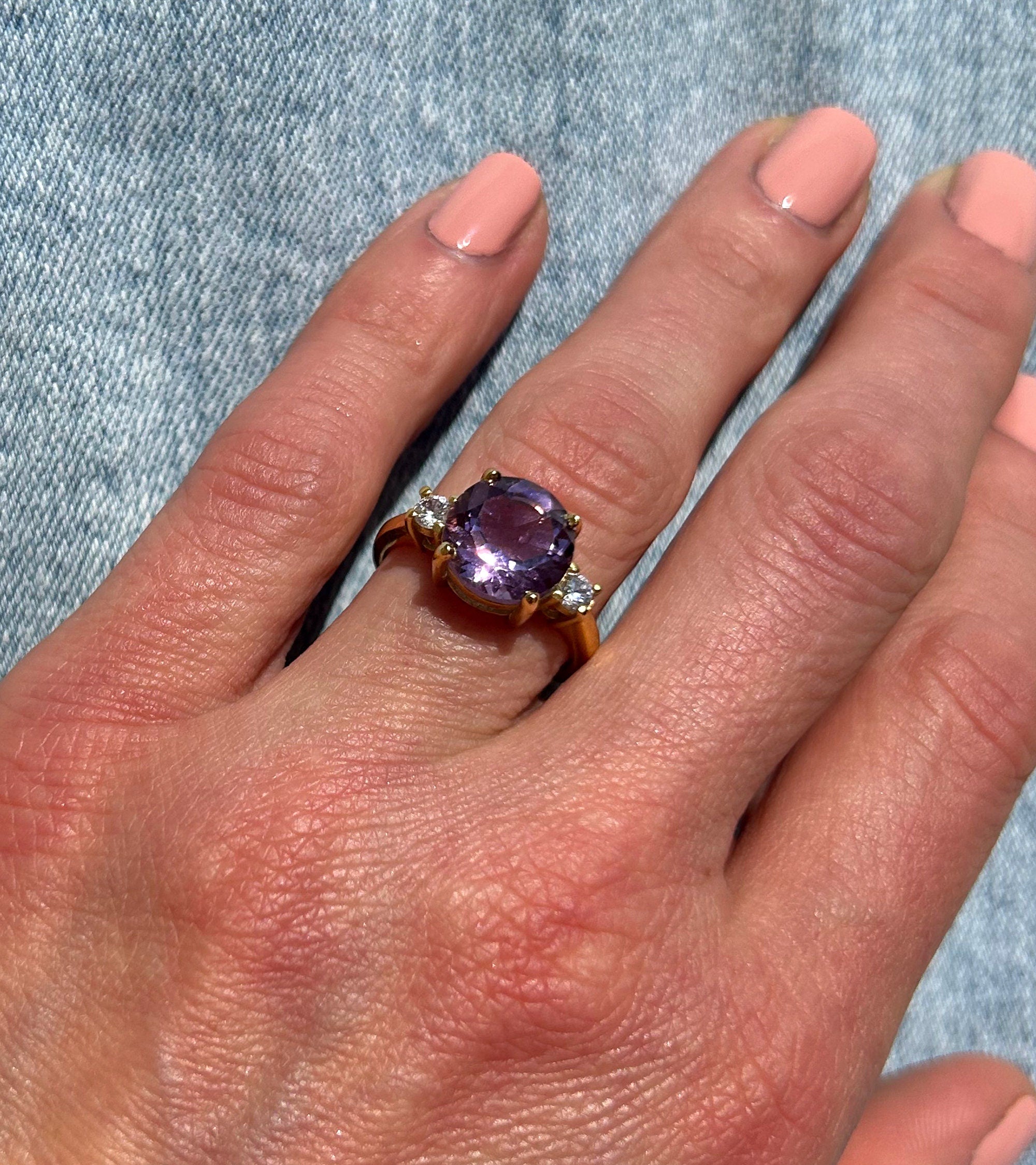 Purple Amethyst Ring - February Birthstone - Round Purple Amethyst Gemstone Statement Engagement Ring with Clear Quartz Accents - H.L.Jewelry