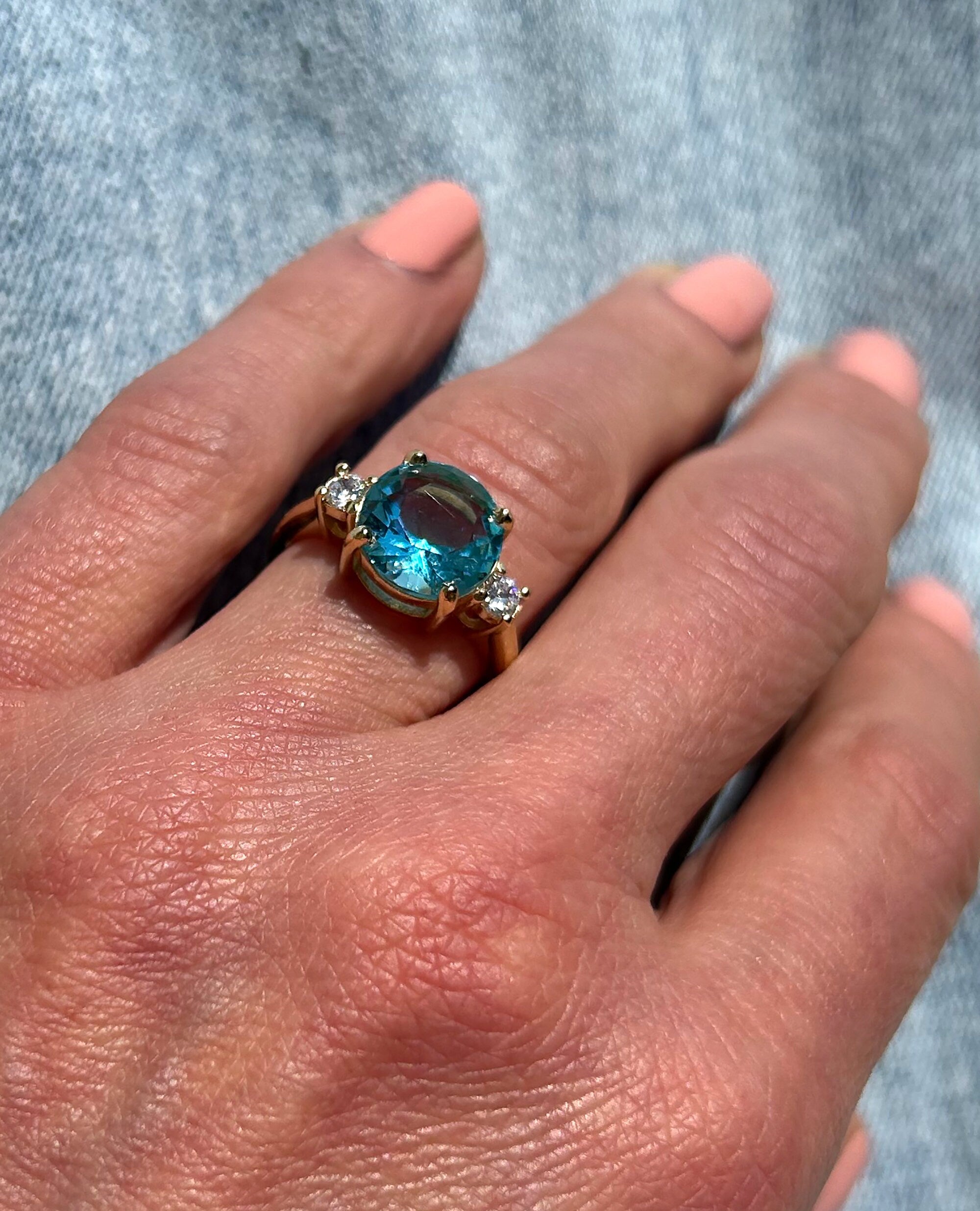 Blue Topaz Ring - December Birthstone - Round Blue Topaz Statement Engagement Ring with Clear Quartz Accents - H.L.Jewelry