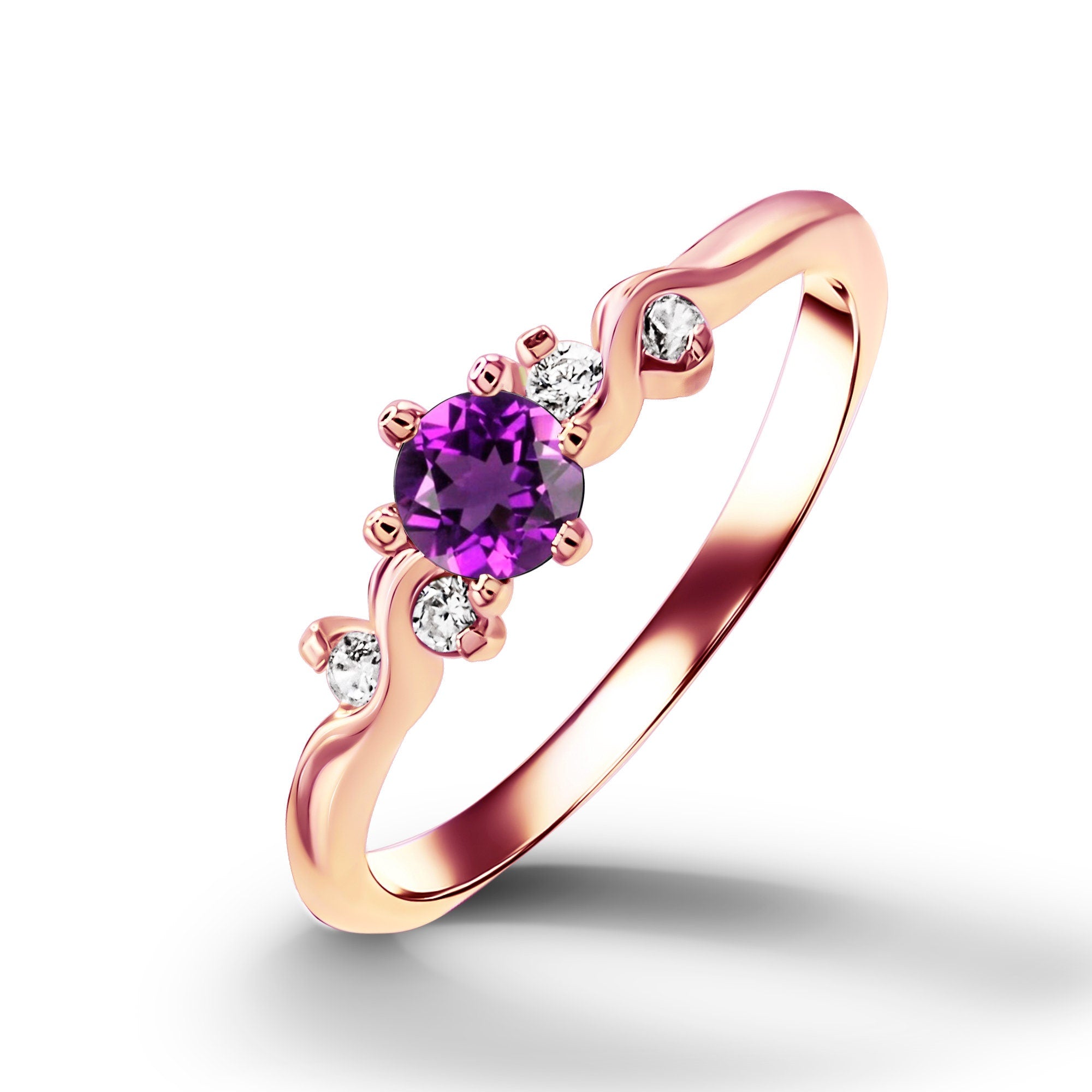 Purple Amethyst Ring - February Birthstone - Delicate Ring with Round Amethyst Center Stone and Clear Quartz Accents - H.L.Jewelry