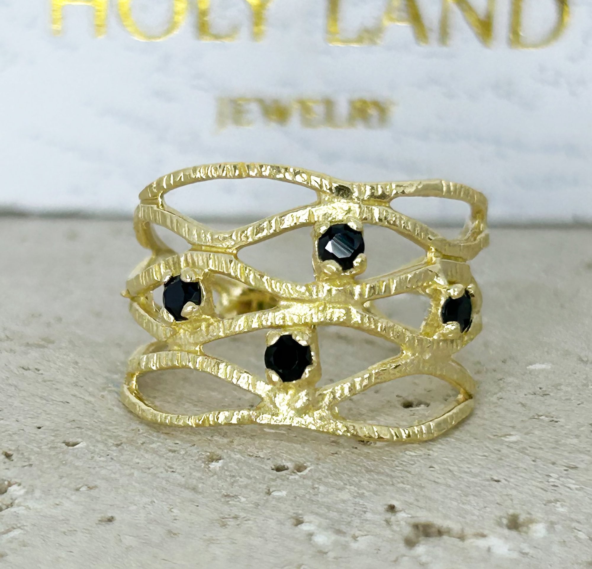 Black Onyx Ring - December Birthstone - Hammered Ring with Four Round Black Onyx Gemstones Gemstones - H.L.Jewelry