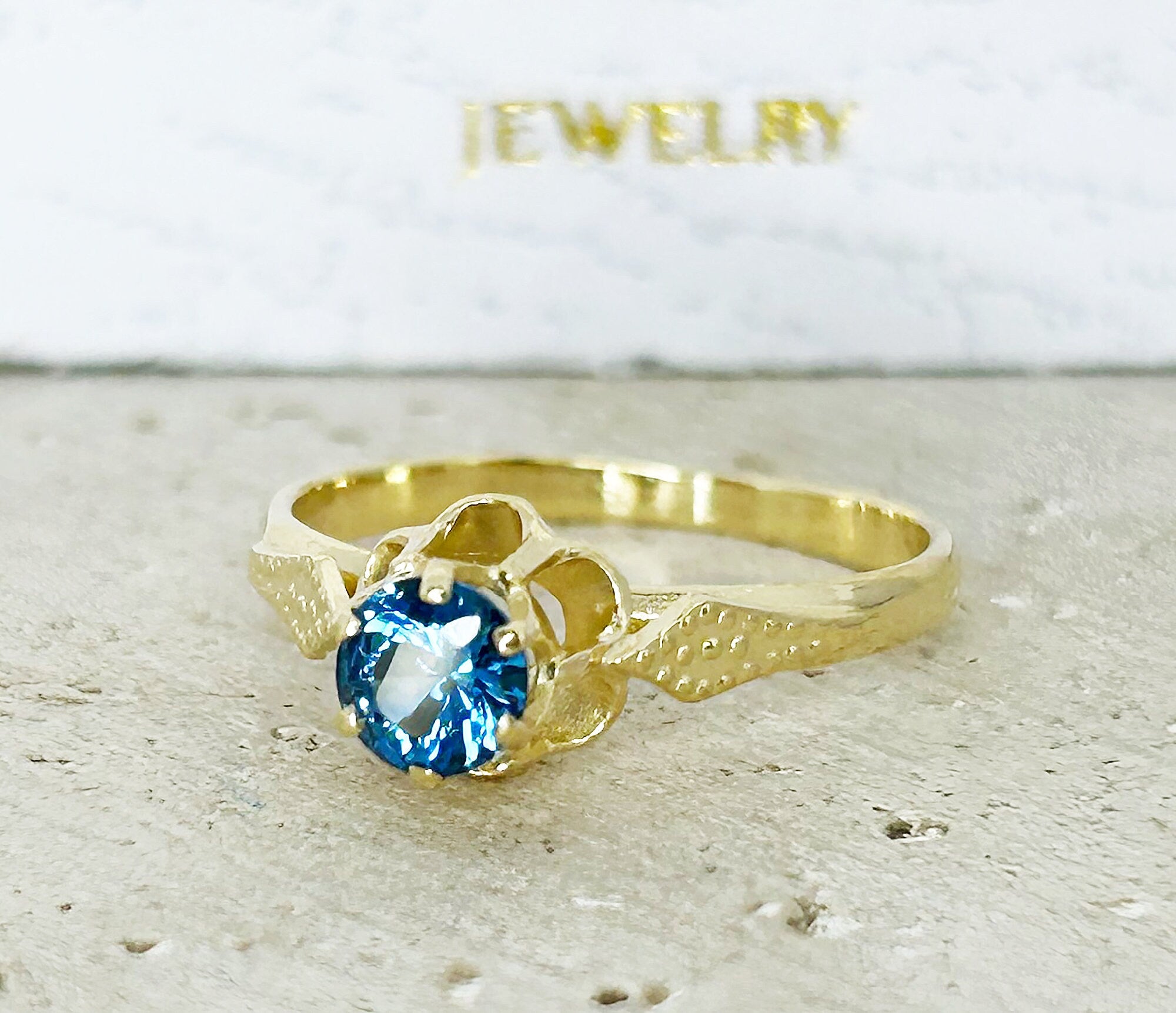 Blue Topaz Ring - December Birthstone - Round Blue Topaz Gemstone Flower Ring - H.L.Jewelry