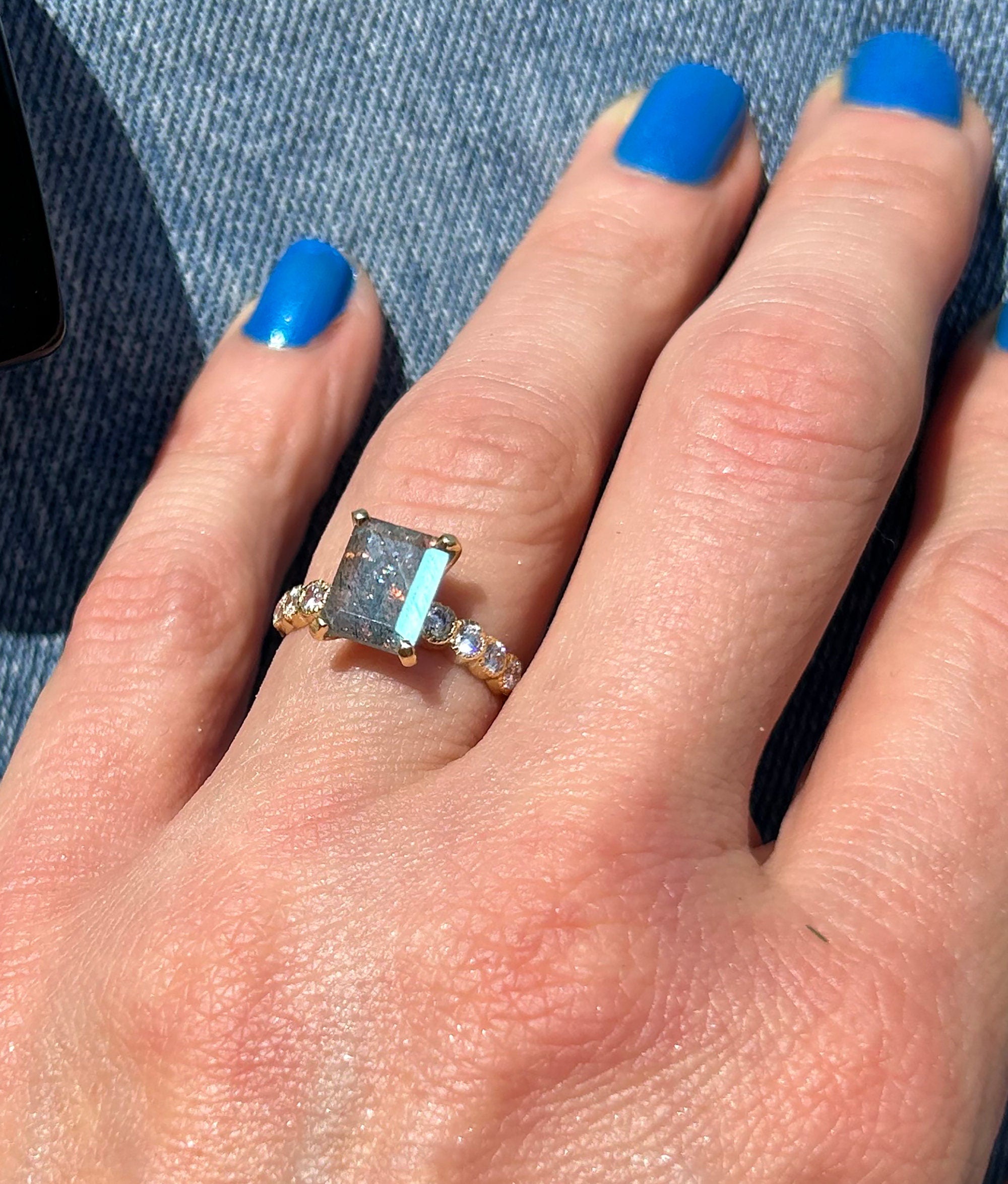 Labradorite Ring - Statement Engagement Ring with Octagon Labradorite Gemstone and Clear Quartz Accents - H.L.Jewelry