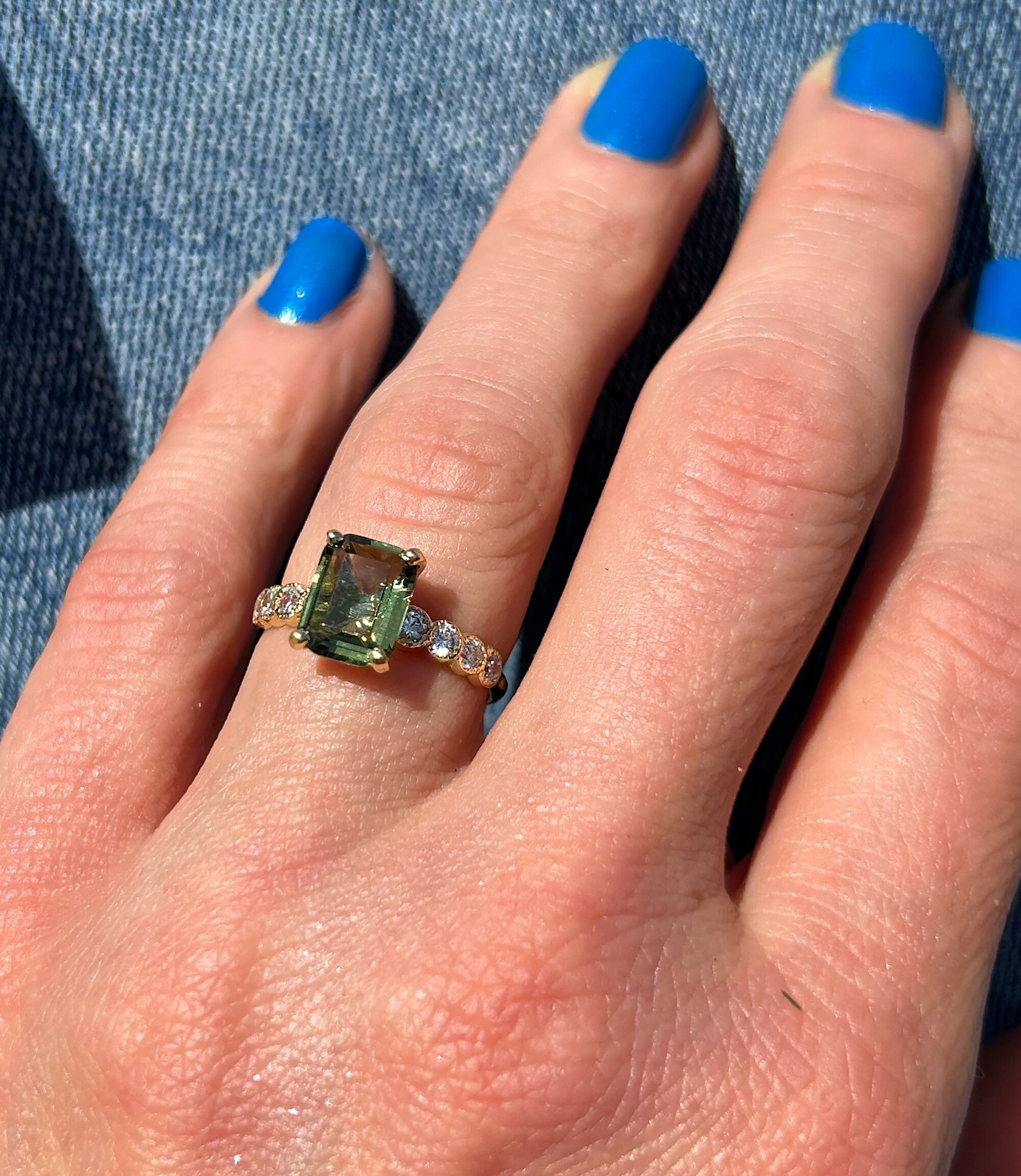 Green Tourmaline Ring - Statement Engagement Ring with Emerald Cut Green Tourmaline Gemstone and Clear Quartz Accents - H.L.Jewelry