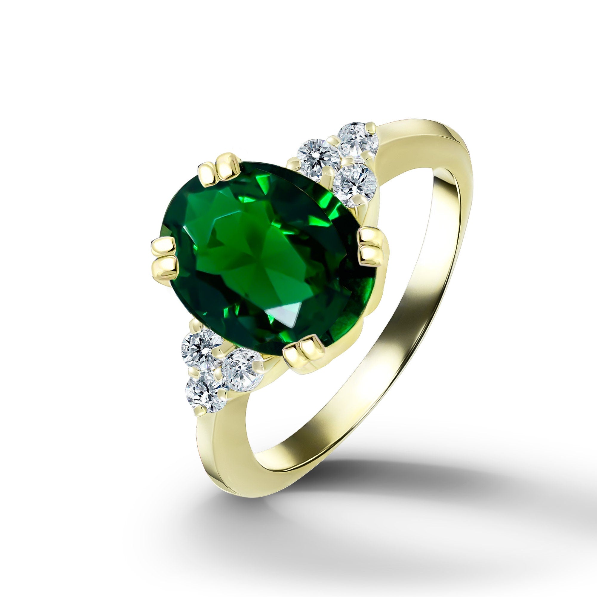 Emerald Ring - May Birthstone - Statement Engagement Ring with Oval Emerald Gemstone and Clear Quartz Accents - H.L.Jewelry