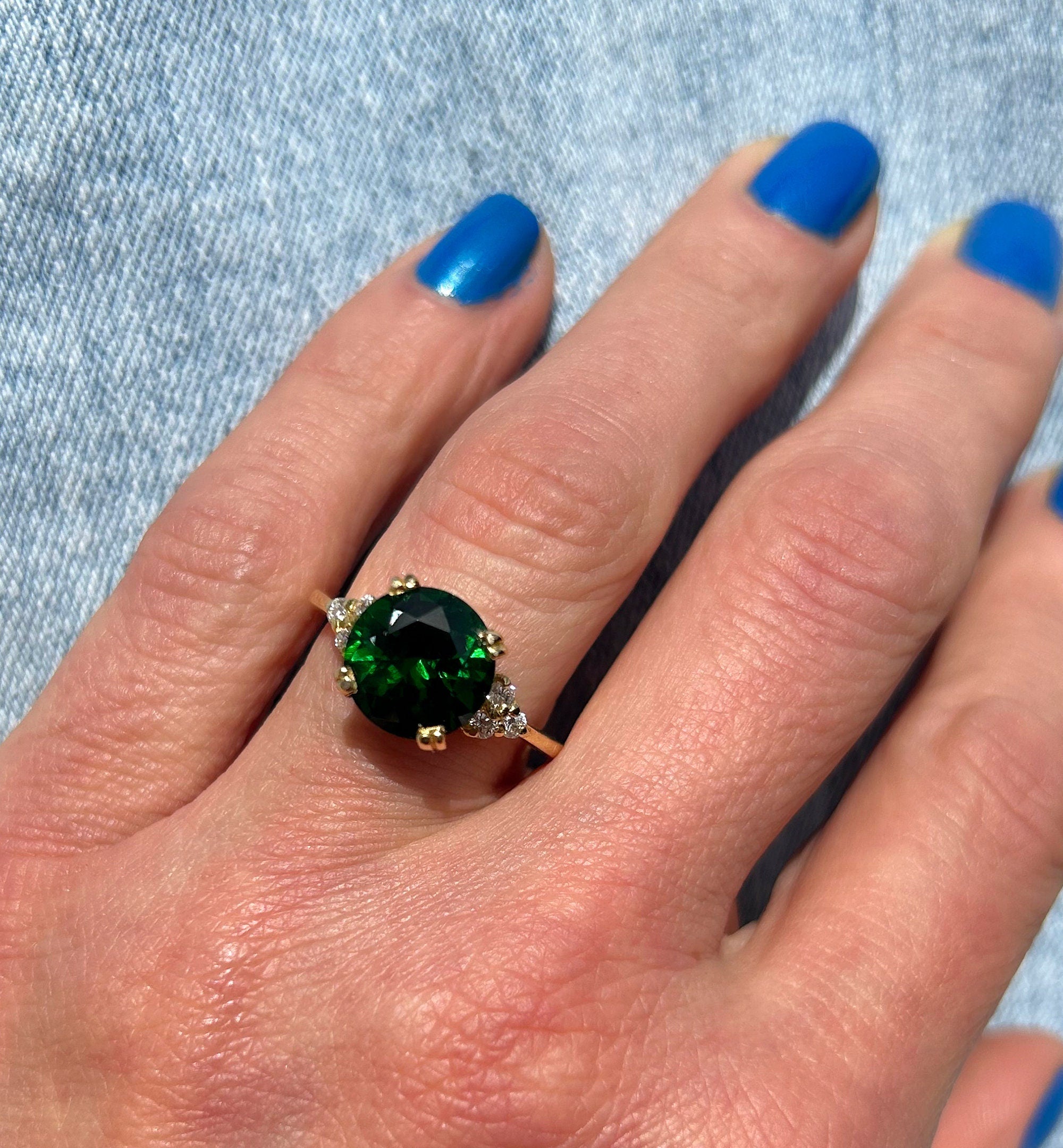 Emerald Ring - May Birthstone - Statement Engagement Ring with Round Emerald Gemstone and Clear Quartz Accents - H.L.Jewelry