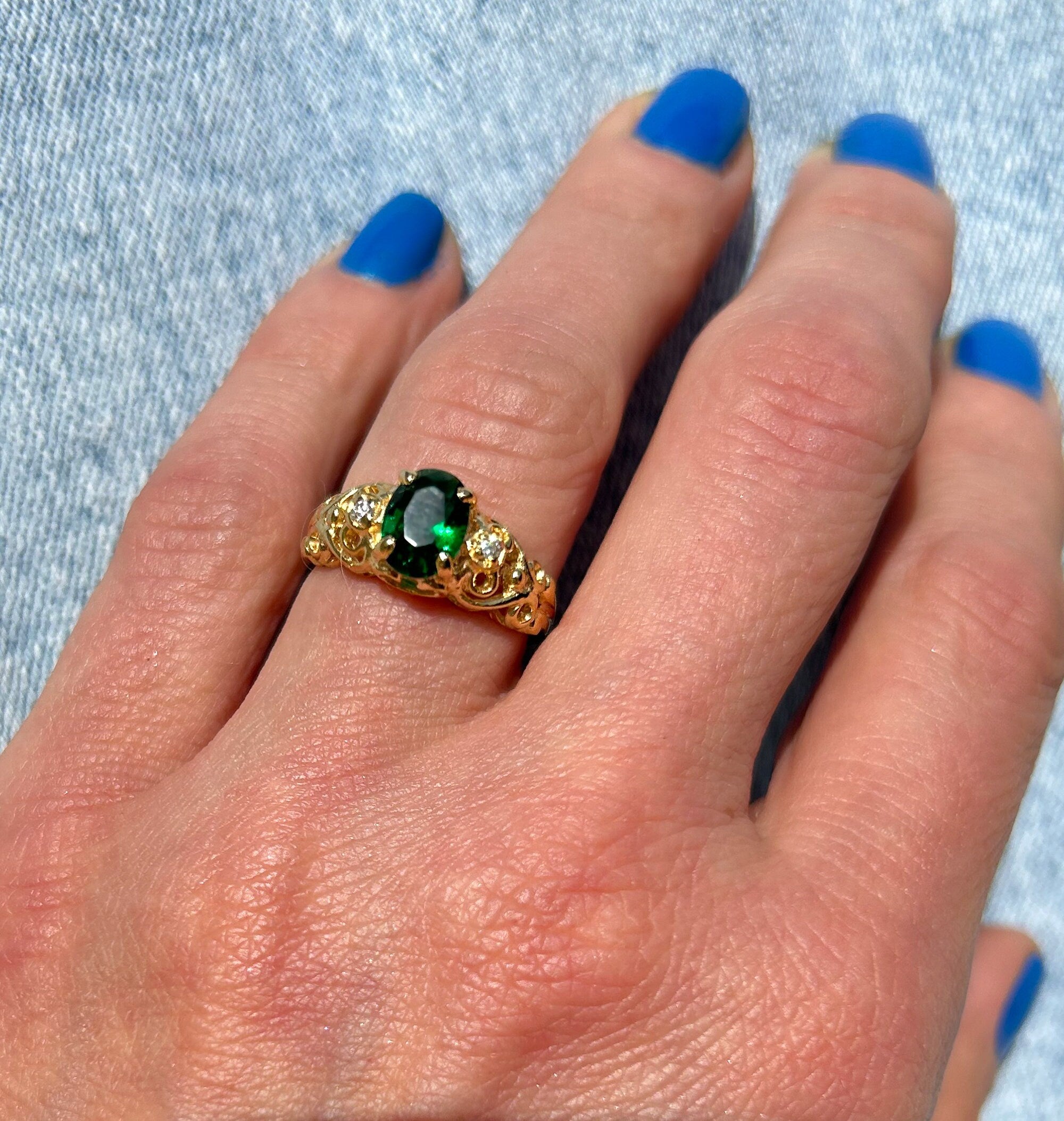 Emerald Ring - May Birthstone - Oval Emerald Gemstone Lace Ring with Clear Quartz Accents - H.L.Jewelry