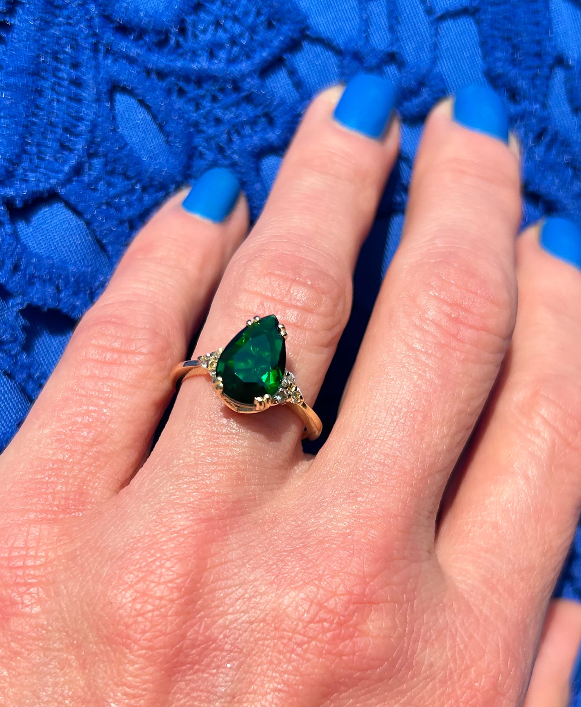 Emerald Ring - May Birthstone - Pear-Shaped Emerald Gemstone Statement Engagement Ring with Clear Quartz Accents - H.L.Jewelry