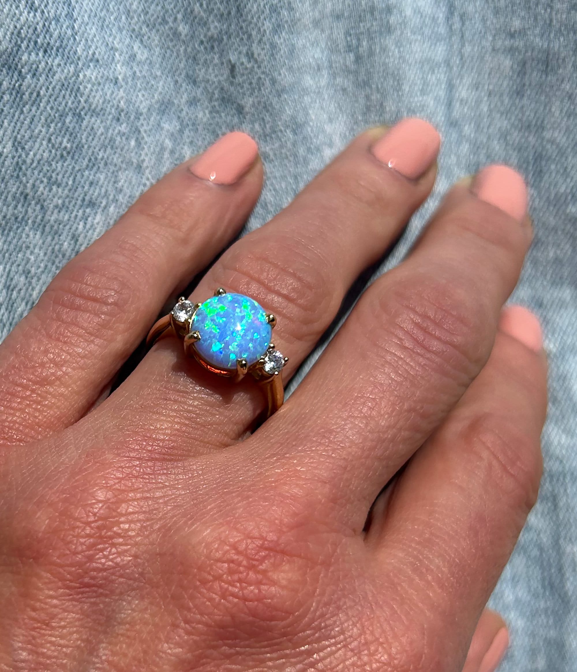 Blue Opal Ring - October Birthstone - Statement Engagement Ring with Round Blue Opal Gemstone and Clear Quartz Accents - H.L.Jewelry