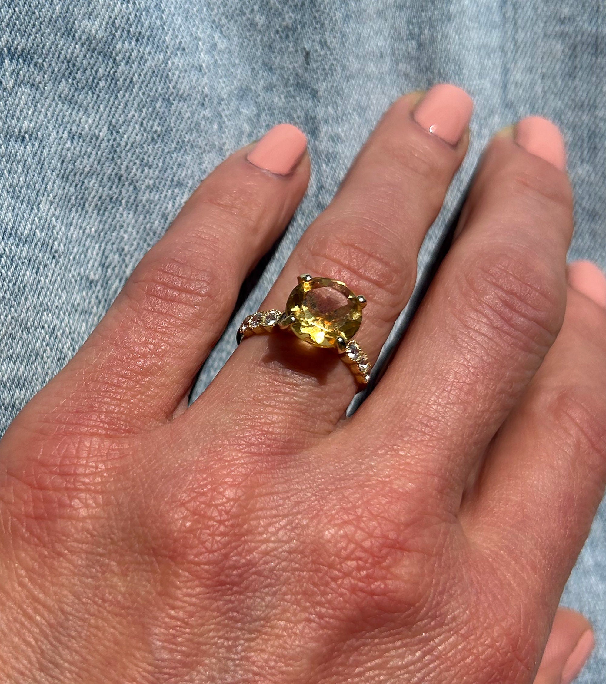 Citrine ring - November Birthstone - Round Citrine Gemstone Statement Engagement Ring with Clear Quartz Accents - H.L.Jewelry