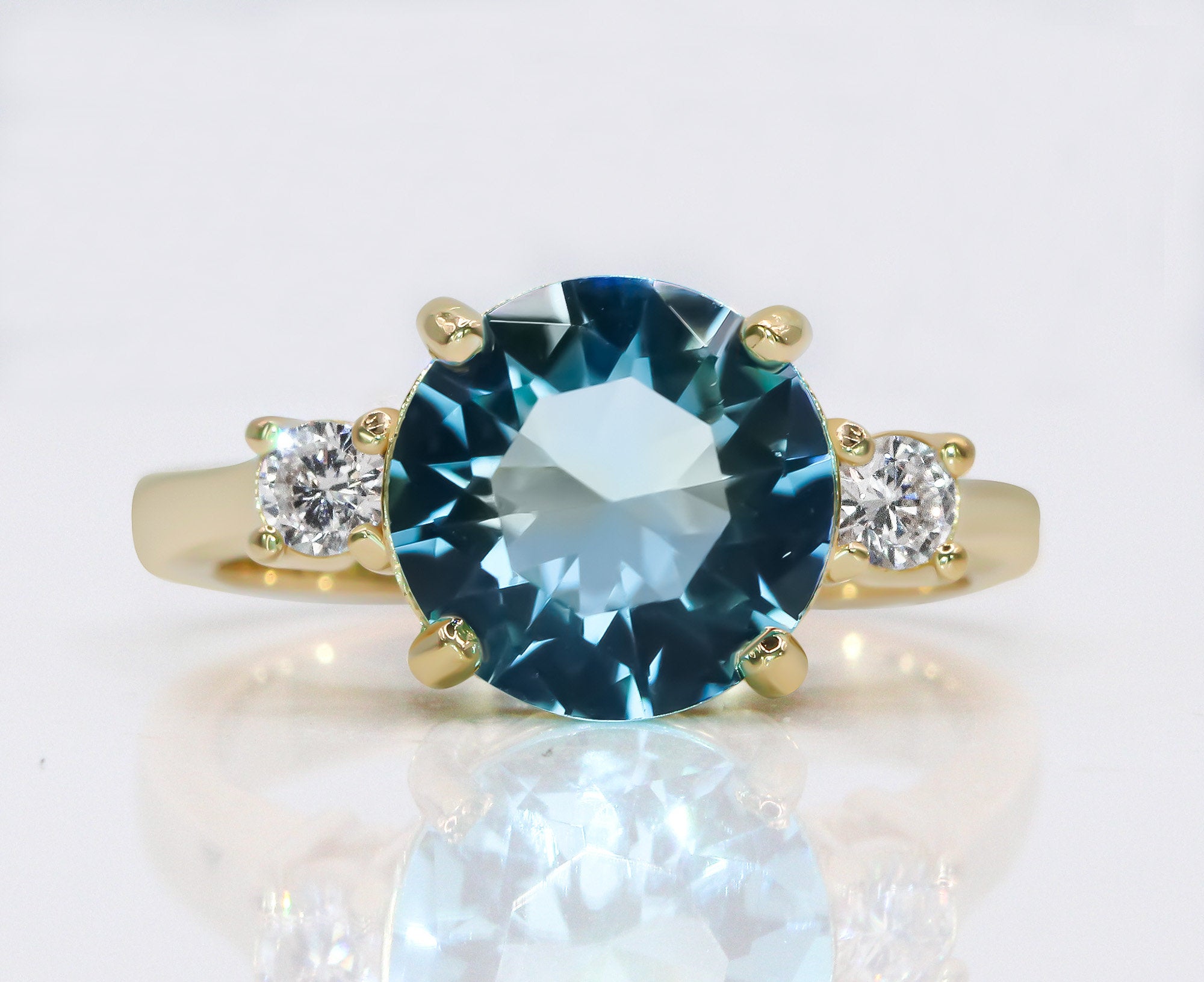 Blue Topaz Ring - December Birthstone - Round Blue Topaz Statement Engagement Ring with Clear Quartz Accents - H.L.Jewelry