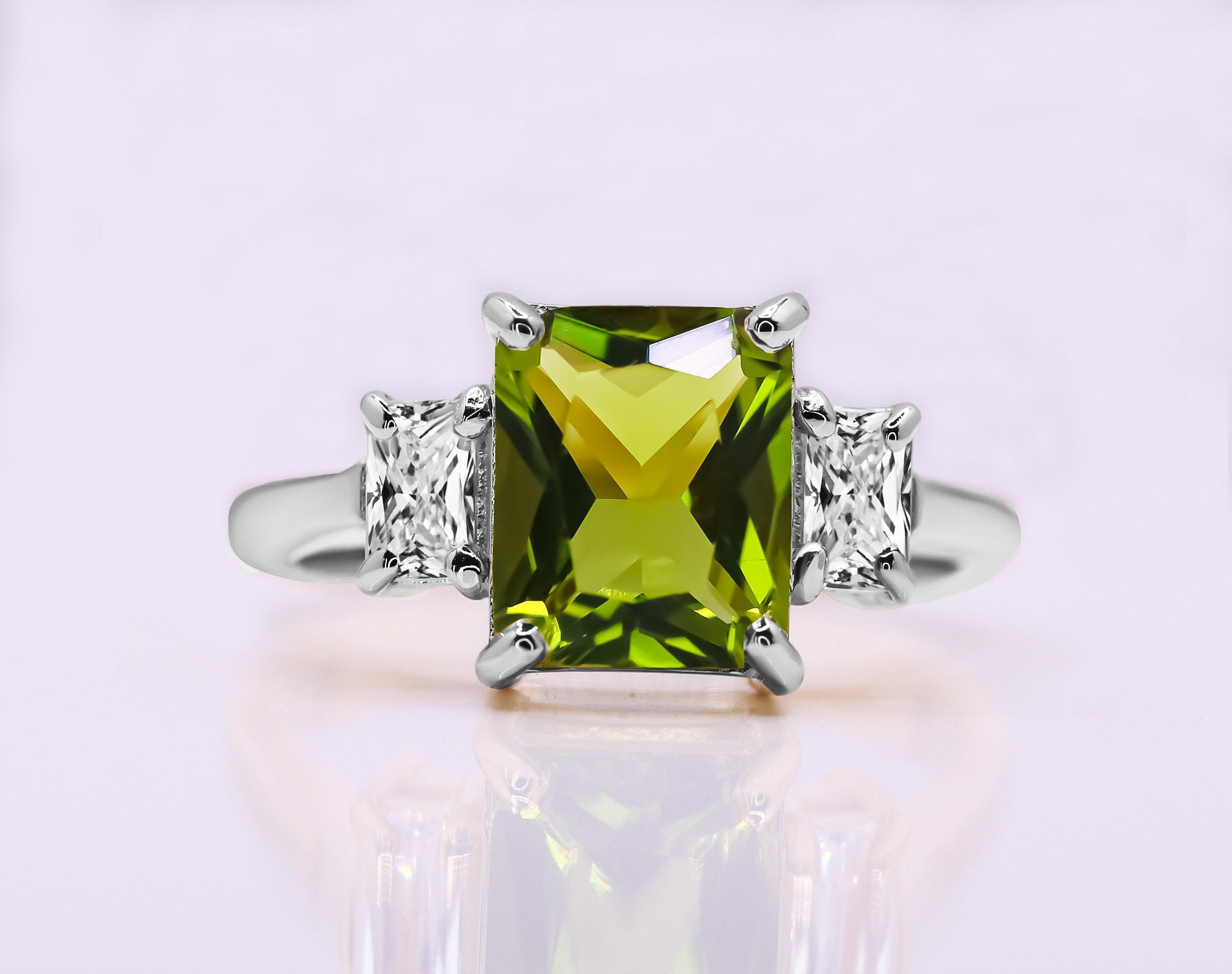 Peridot Ring - August Birthstone Jewelry - Statement Engagement Ring with Octagon Peridot Gemstone and Clear Quartz Accents - H.L.Jewelry