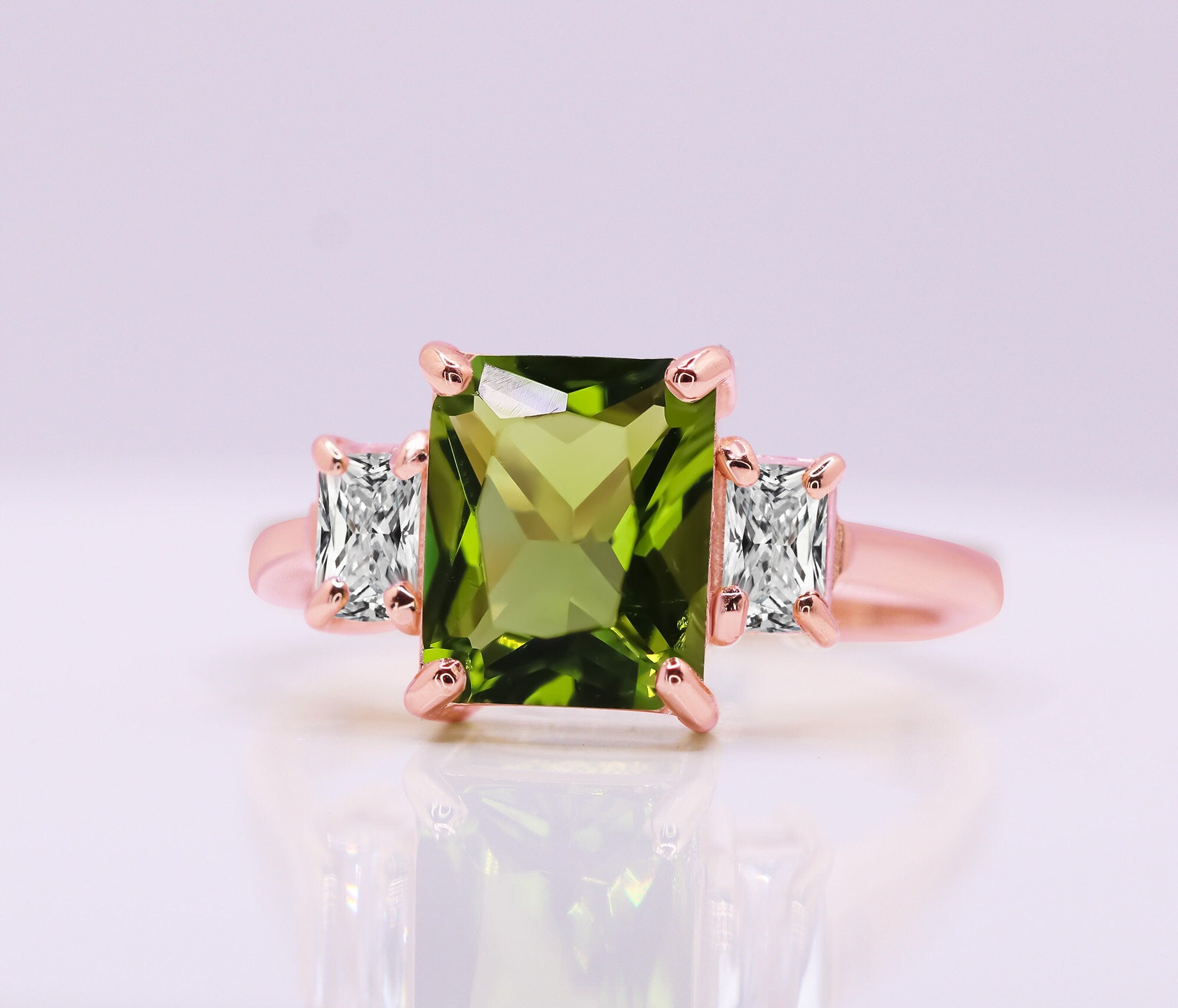 Peridot Ring - August Birthstone Jewelry - Statement Engagement Ring with Octagon Peridot Gemstone and Clear Quartz Accents - H.L.Jewelry