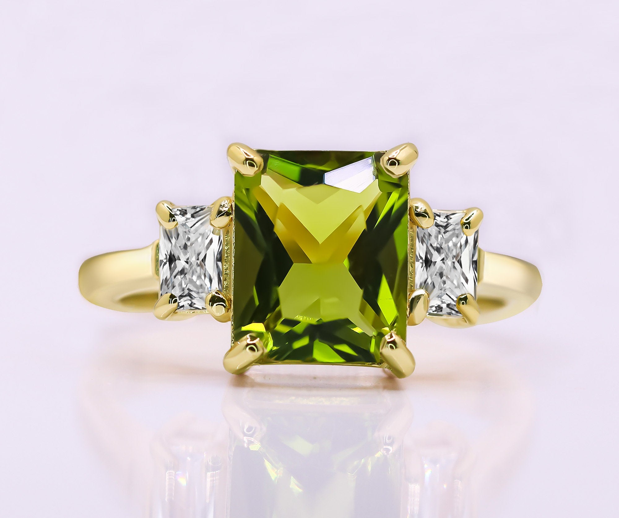 Peridot Ring - August Birthstone Jewelry - Statement Engagement Ring with Octagon Peridot Gemstone and Clear Quartz Accents - H.L.Jewelry