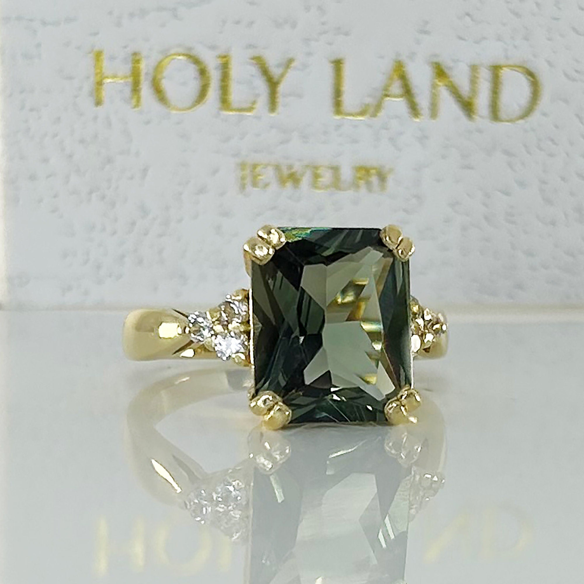 Green Tourmaline Ring - Statement Engagement Ring with Octagon Green Tourmaline Gemstone and Clear Quartz Accents - H.L.Jewelry