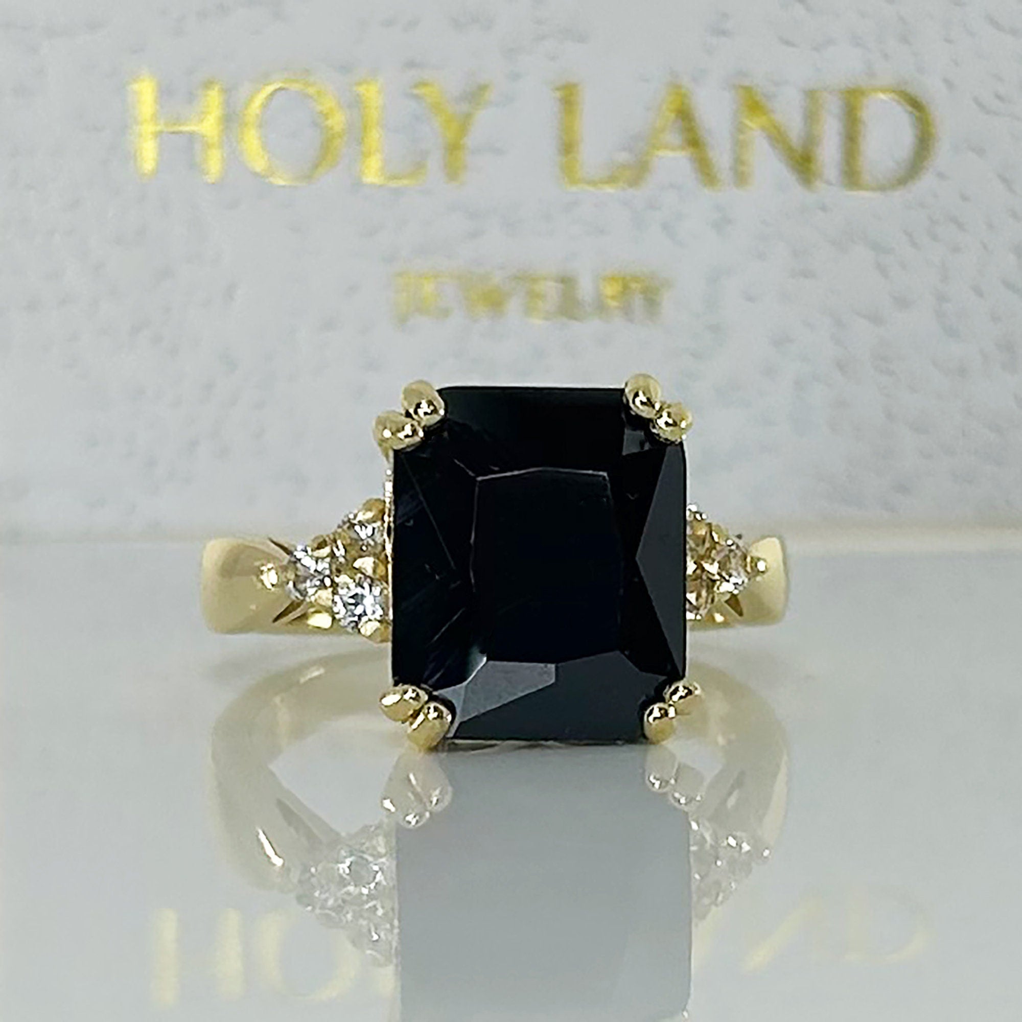 Black Onyx Ring - December Birthstone - Statement Engagement Ring with Octagon Black Onyx Gemstone and Clear Quartz Accents - H.L.Jewelry