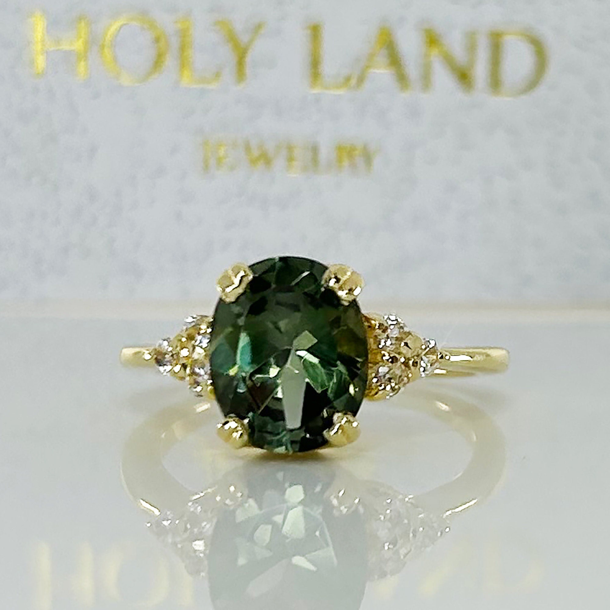 Green Tourmaline Ring - Statement Engagement Ring with Oval Green Tourmaline Gemstone and Clear Quartz Accents - H.L.Jewelry