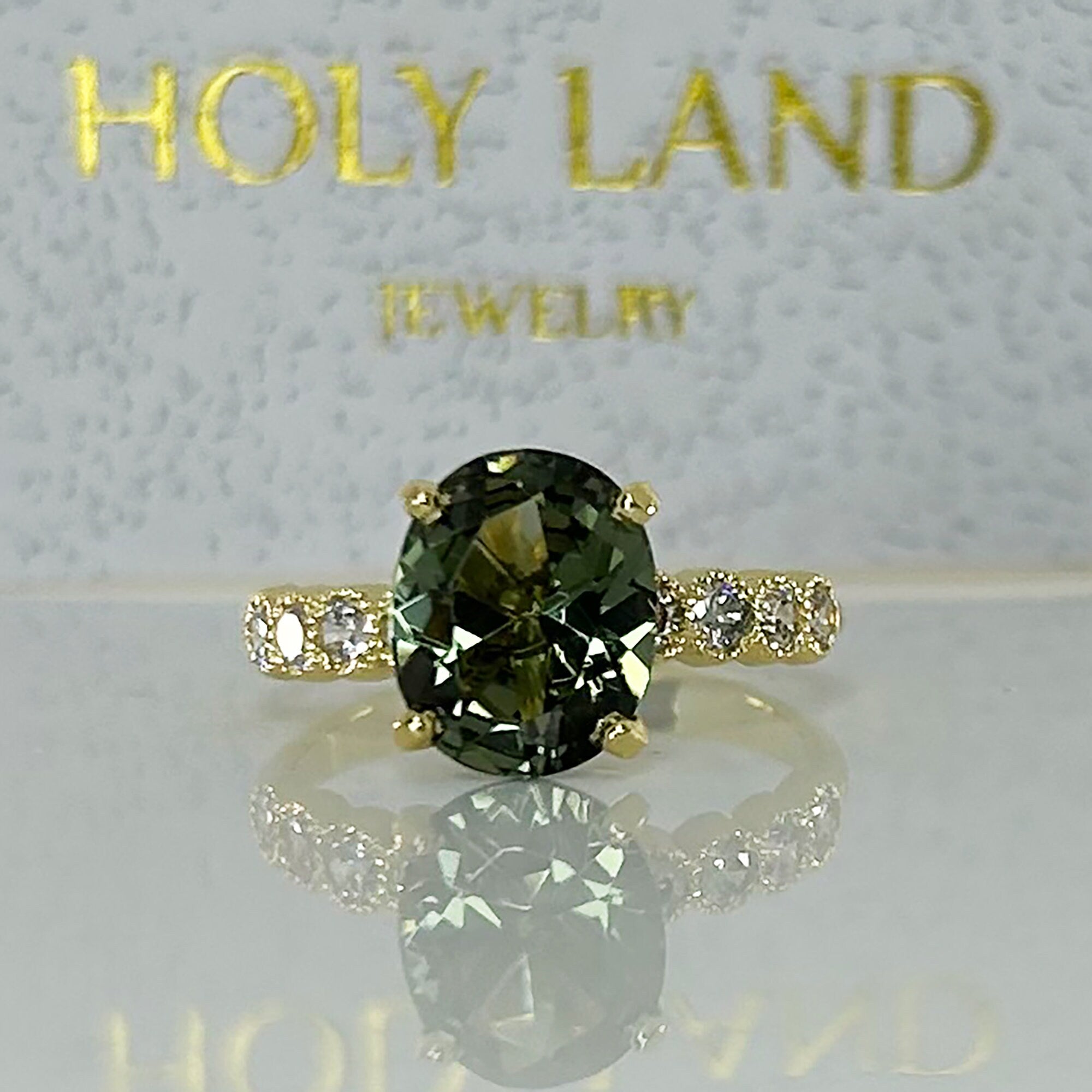 Green Tourmaline Ring - Statement Engagement Ring with Oval Green Tourmaline Gemstone and Clear Quartz Accents - H.L.Jewelry