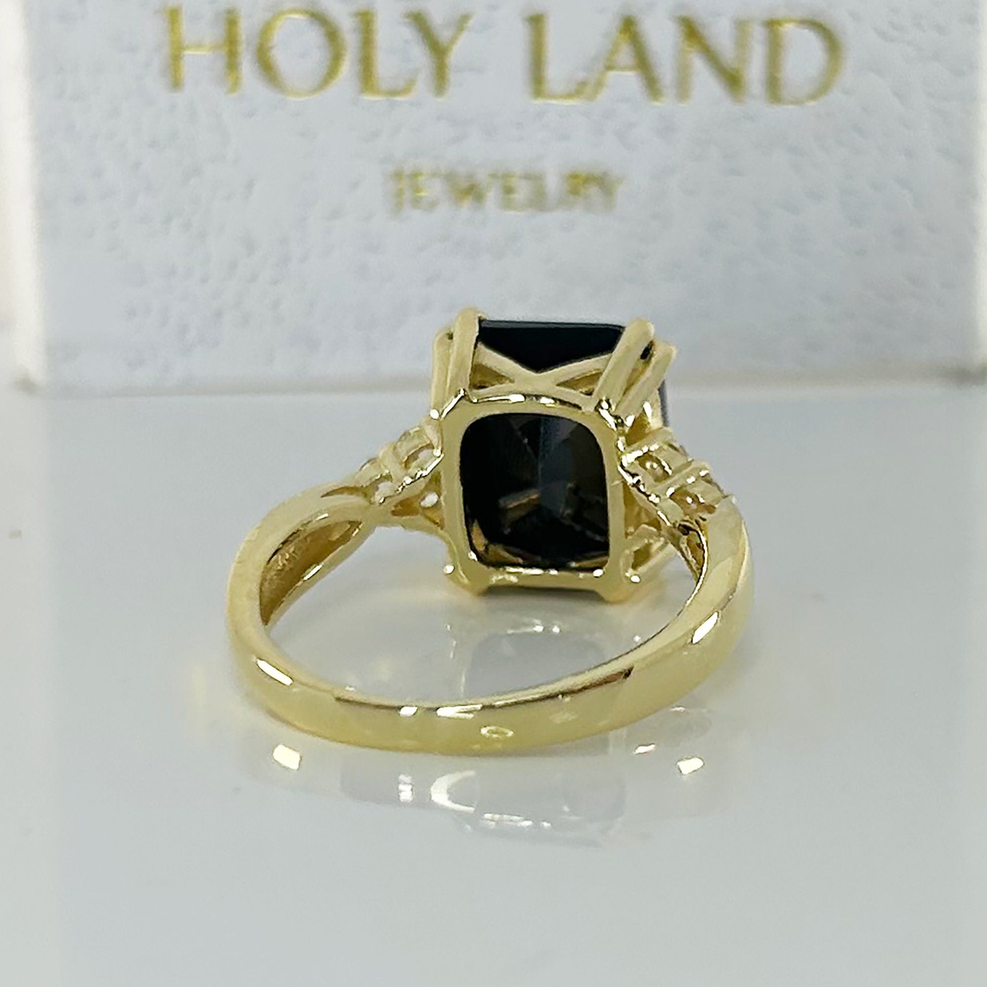 Black Onyx Ring - December Birthstone - Statement Engagement Ring with Octagon Black Onyx Gemstone and Clear Quartz Accents - H.L.Jewelry