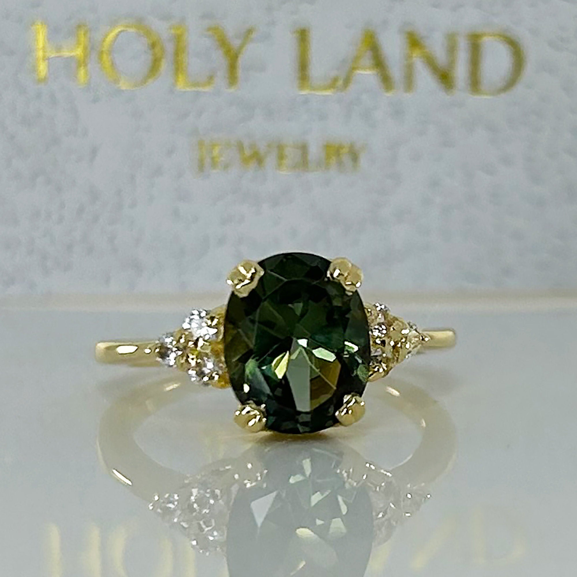 Green Tourmaline Ring - Statement Engagement Ring with Oval Green Tourmaline Gemstone and Clear Quartz Accents - H.L.Jewelry