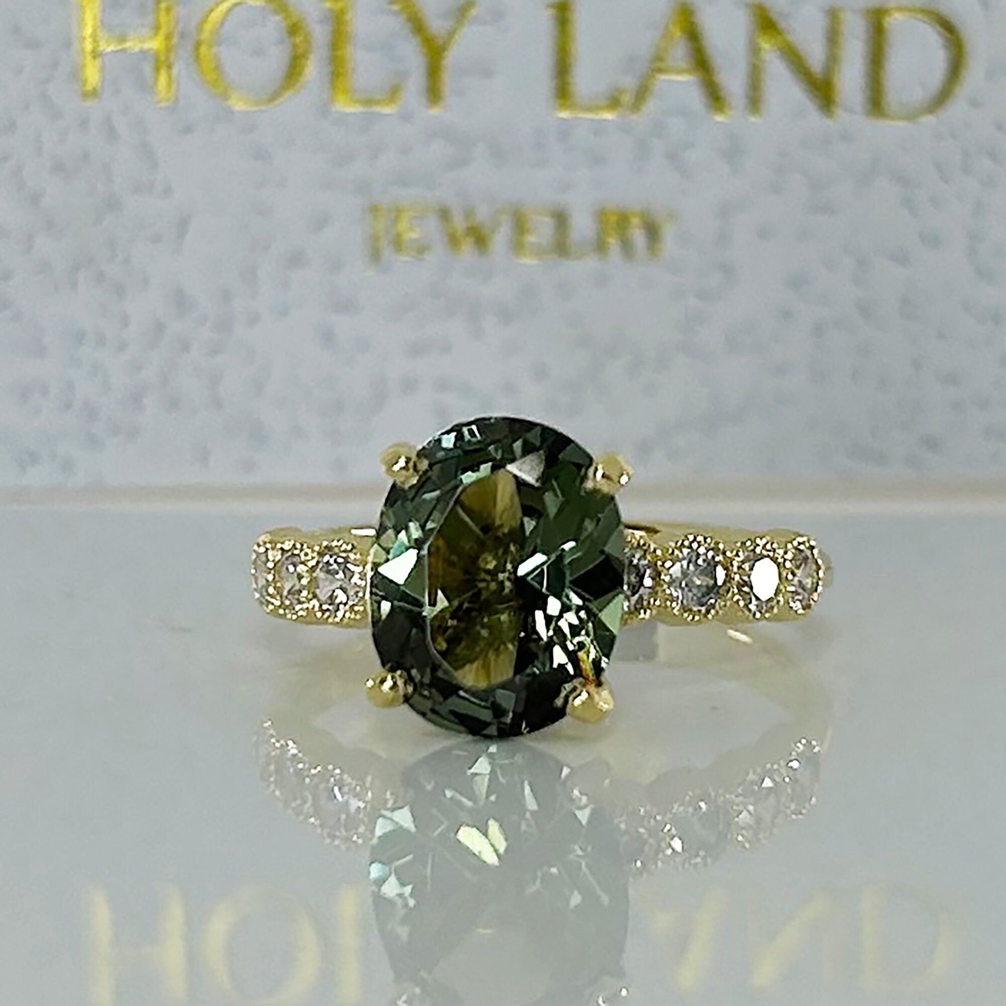 Green Tourmaline Ring - Statement Engagement Ring with Oval Green Tourmaline Gemstone and Clear Quartz Accents - H.L.Jewelry