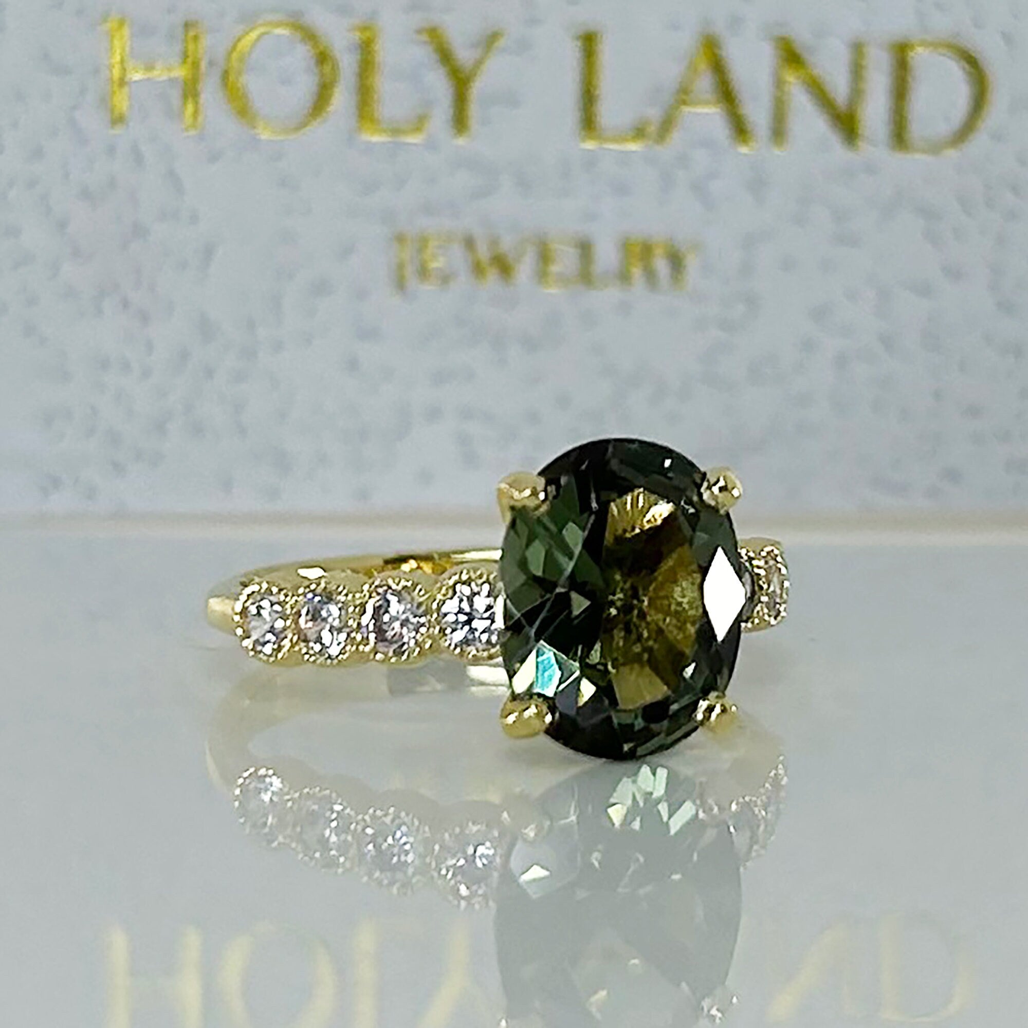 Green Tourmaline Ring - Statement Engagement Ring with Oval Green Tourmaline Gemstone and Clear Quartz Accents - H.L.Jewelry