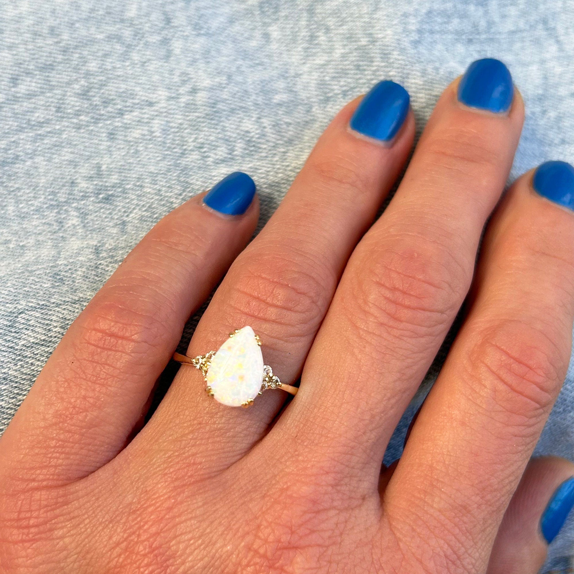 White Opal Ring - Pear-Shaped White Opal Gemstone Statement Engagement Ring with Clear Quartz Accents - H.L.Jewelry