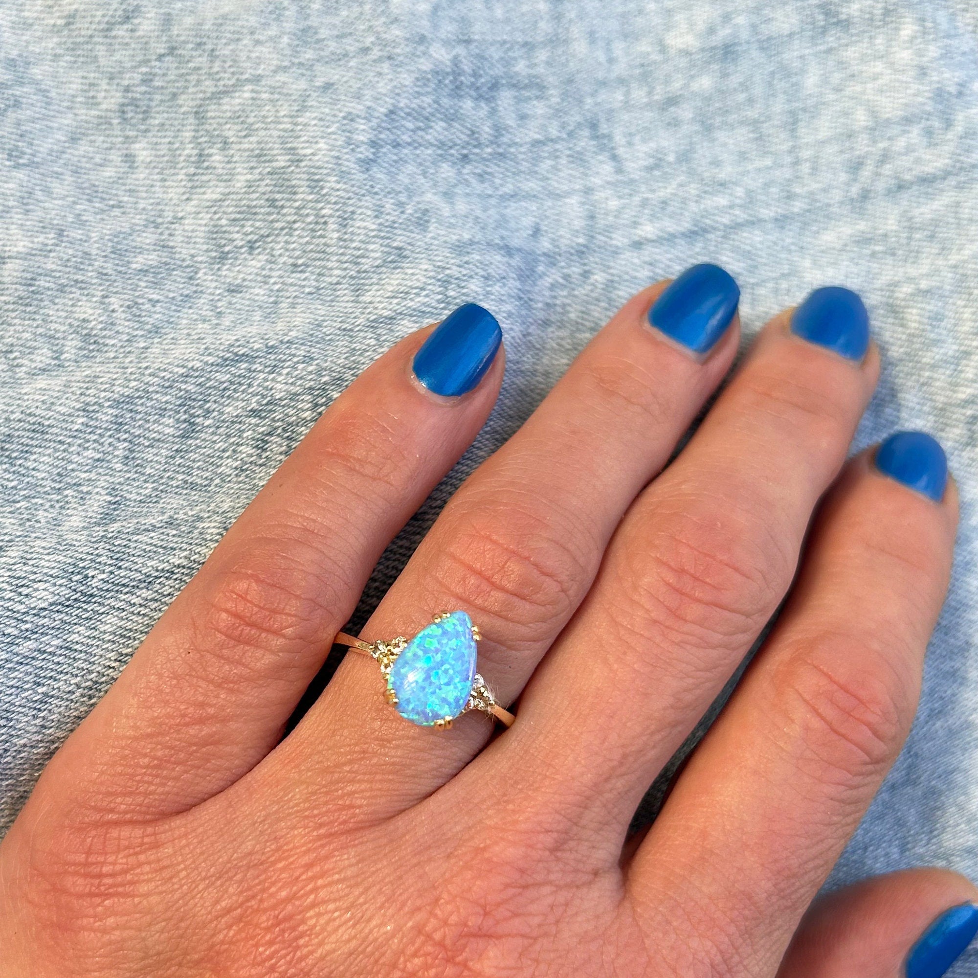 Blue Opal Ring - October Birthstone - Pear-Shaped Blue Opal Gemstone Statement Engagement Ring with Clear Quartz Accents - H.L.Jewelry