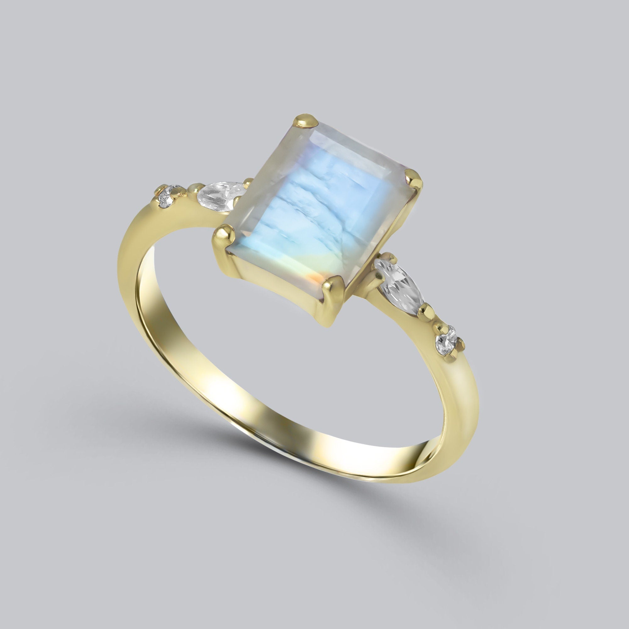 Rainbow Moonstone Ring - June Birthstone - Ring with Octagon Rainbow Moonstone and Marquise/Round Clear Quartz Accents - H.L.Jewelry