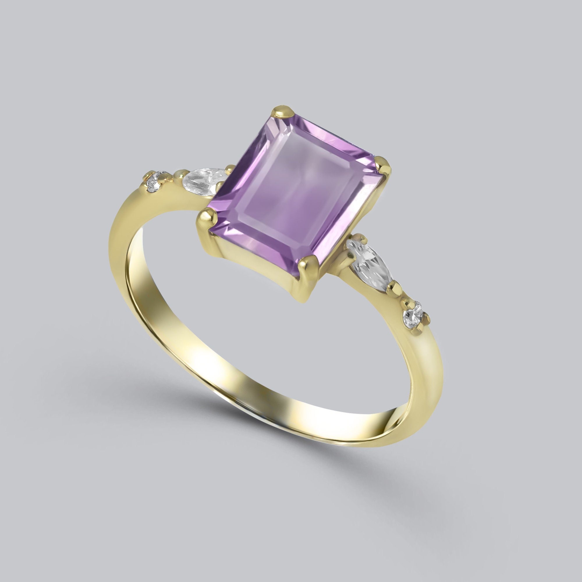 Purple Amethyst Ring - February Birthstone - Octagon Purple Amethyst Gemstone Statement Engagement Ring with Clear Quartz Accents - H.L.Jewelry