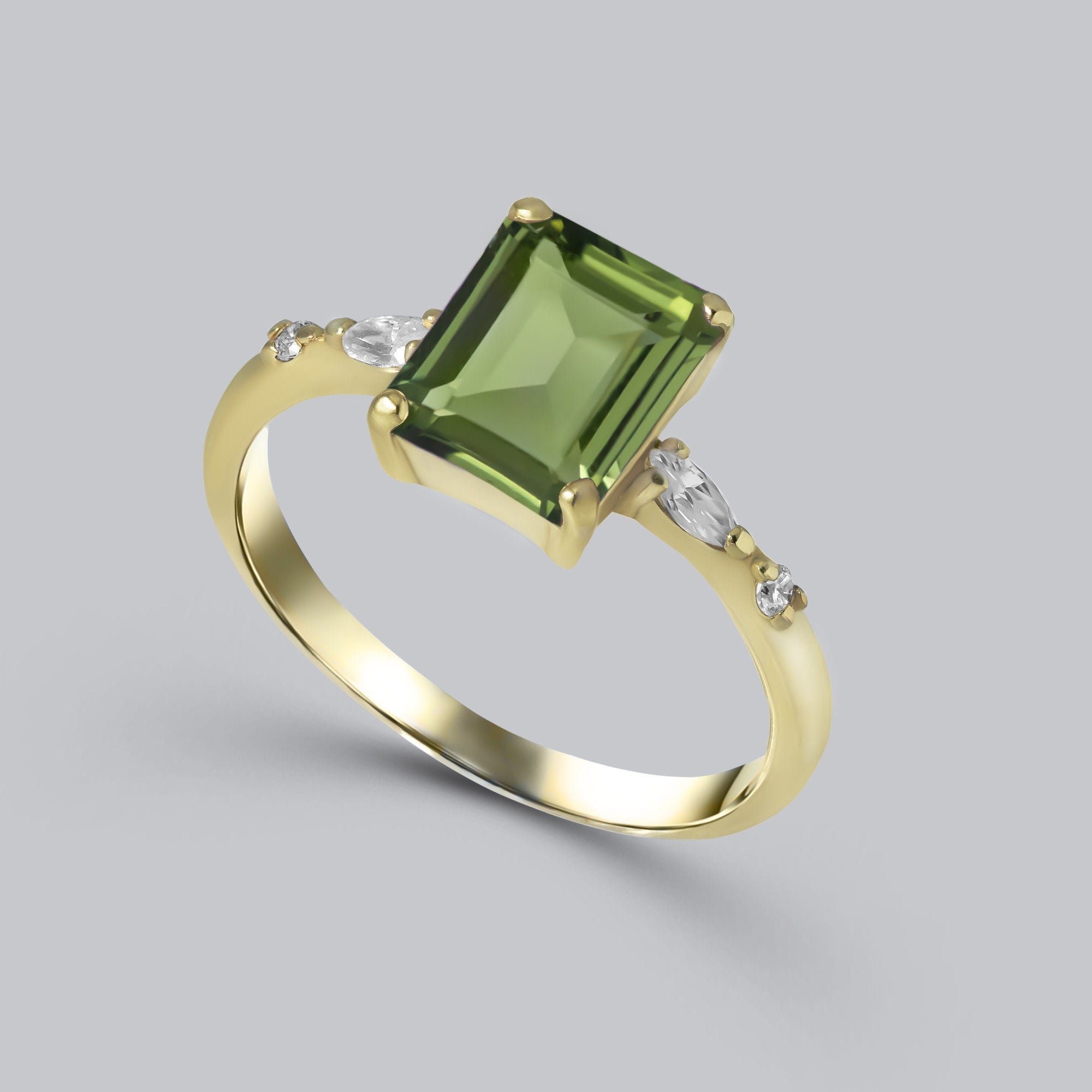 Green Tourmaline Ring - Statement Ring with Octagon Green Tourmaline and Marquise/Round Clear Quartz Accents - H.L.Jewelry