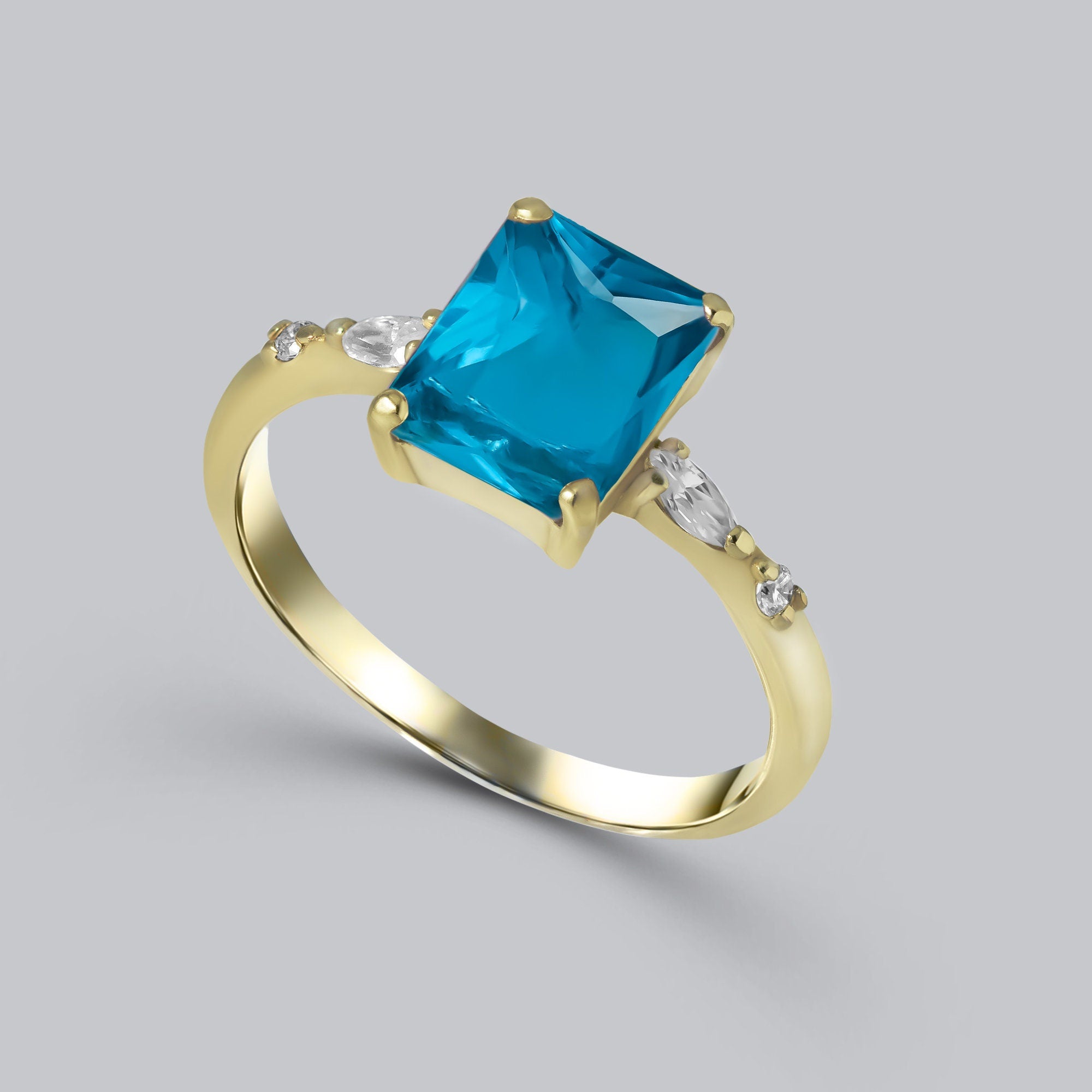 Blue Topaz Ring - December Birthstone - Octagon Blue Topaz Statement Engagement Ring with Clear Quartz Accents - H.L.Jewelry