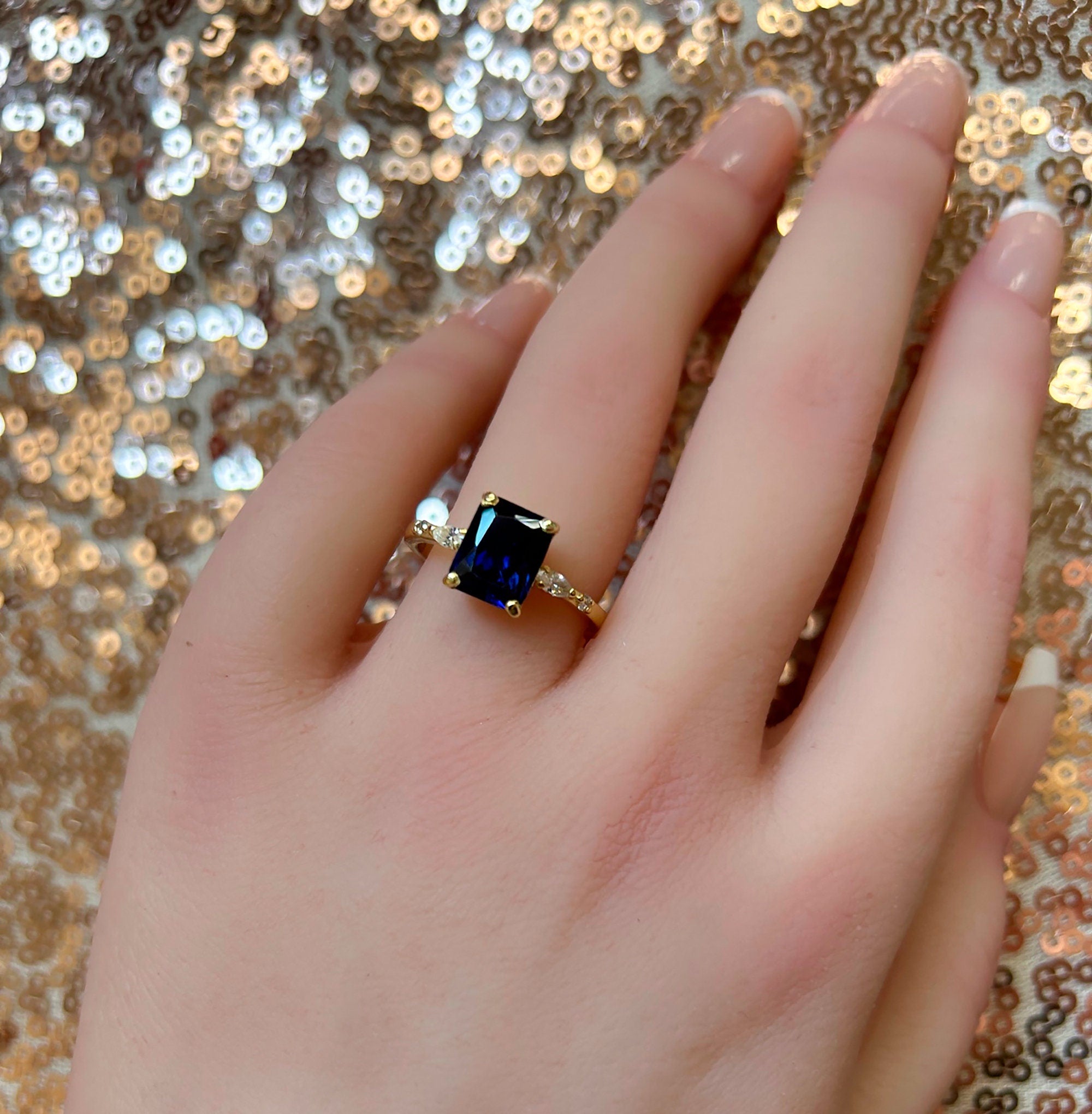 Blue Sapphire Ring - September Birthstone - Statement Engagement Ring with Octagon Blue Sapphire and Clear Quartz Accents - H.L.Jewelry