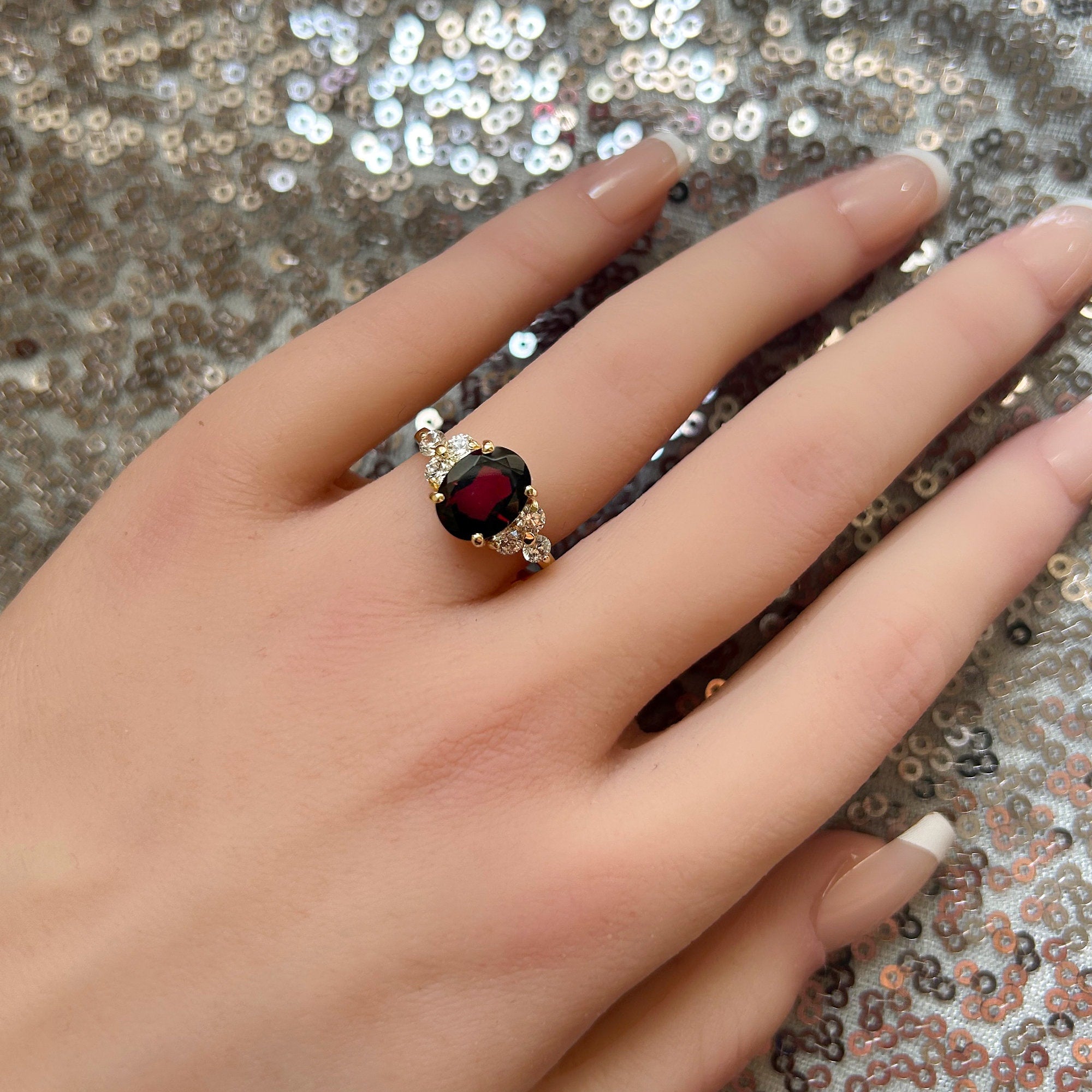 Red Garnet Ring - January Birthstone - Oval Red Garnet Gemstone Statement Engagement Ring with Clear Quartz Accents - H.L.Jewelry