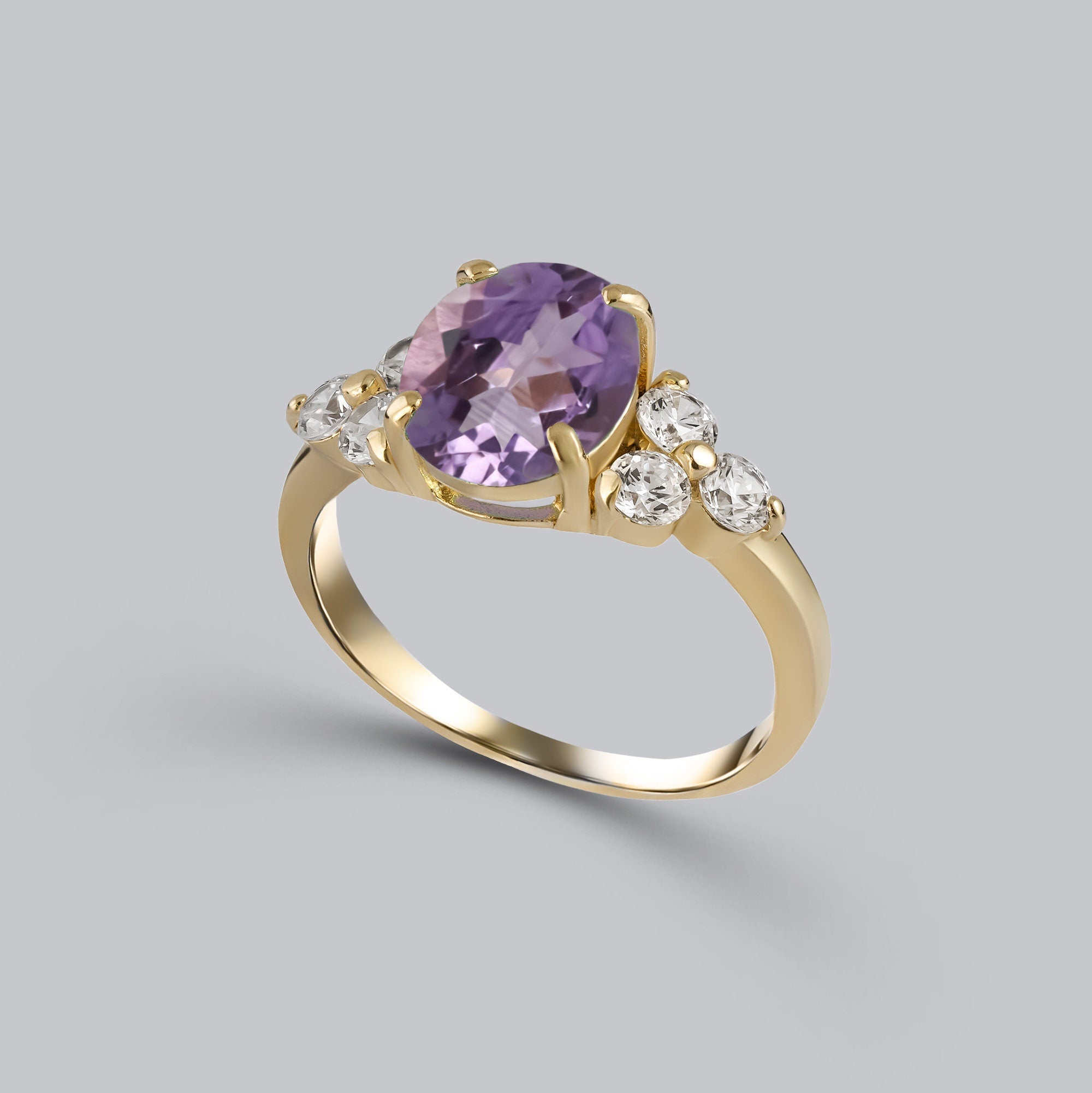 Purple Amethyst Ring - February Birthstone - Oval Purple Amethyst Gemstone Statement Engagement Ring with Clear Quartz Accents - H.L.Jewelry