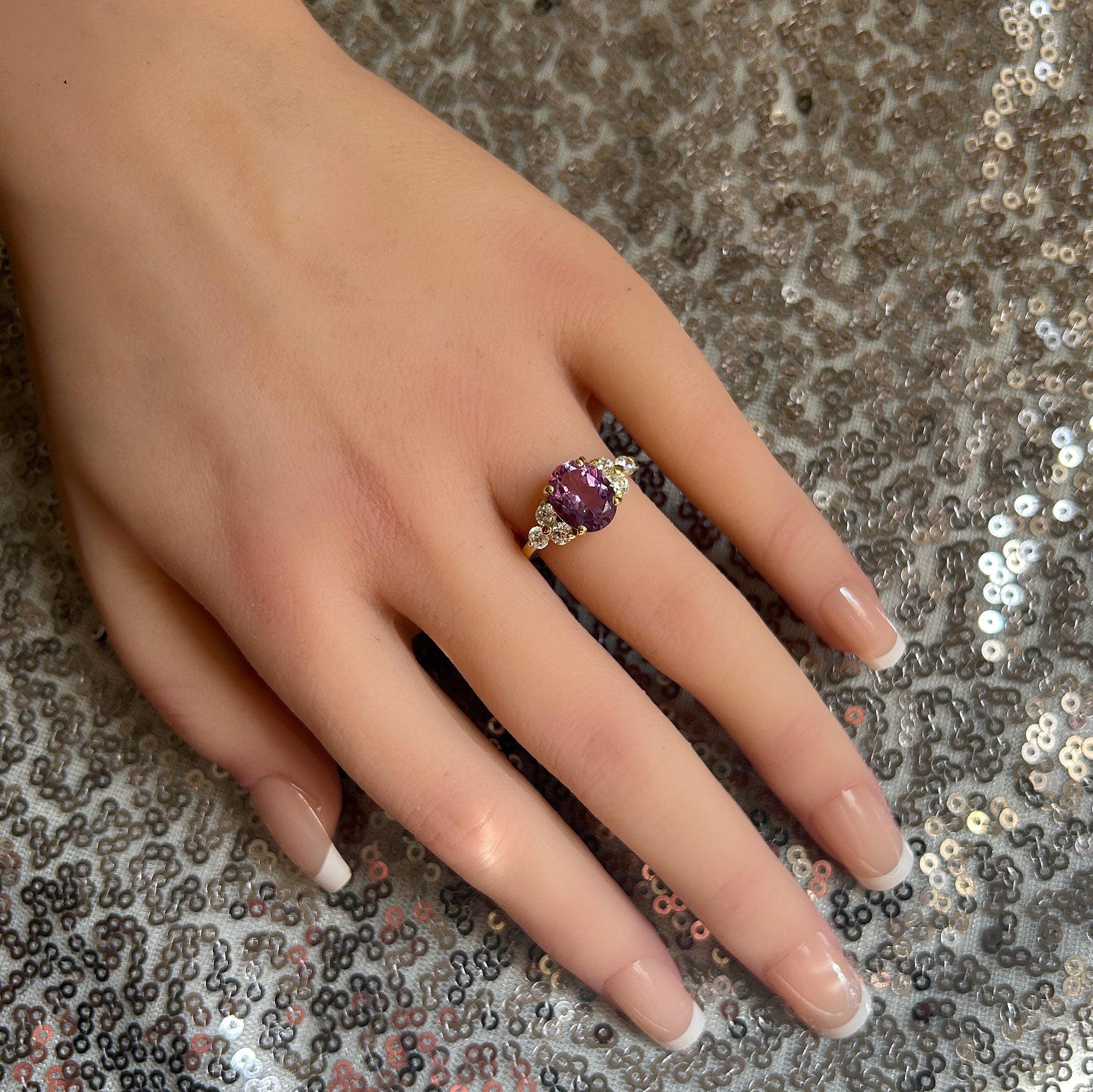 Purple Amethyst Ring - February Birthstone - Oval Purple Amethyst Gemstone Statement Engagement Ring with Clear Quartz Accents - H.L.Jewelry