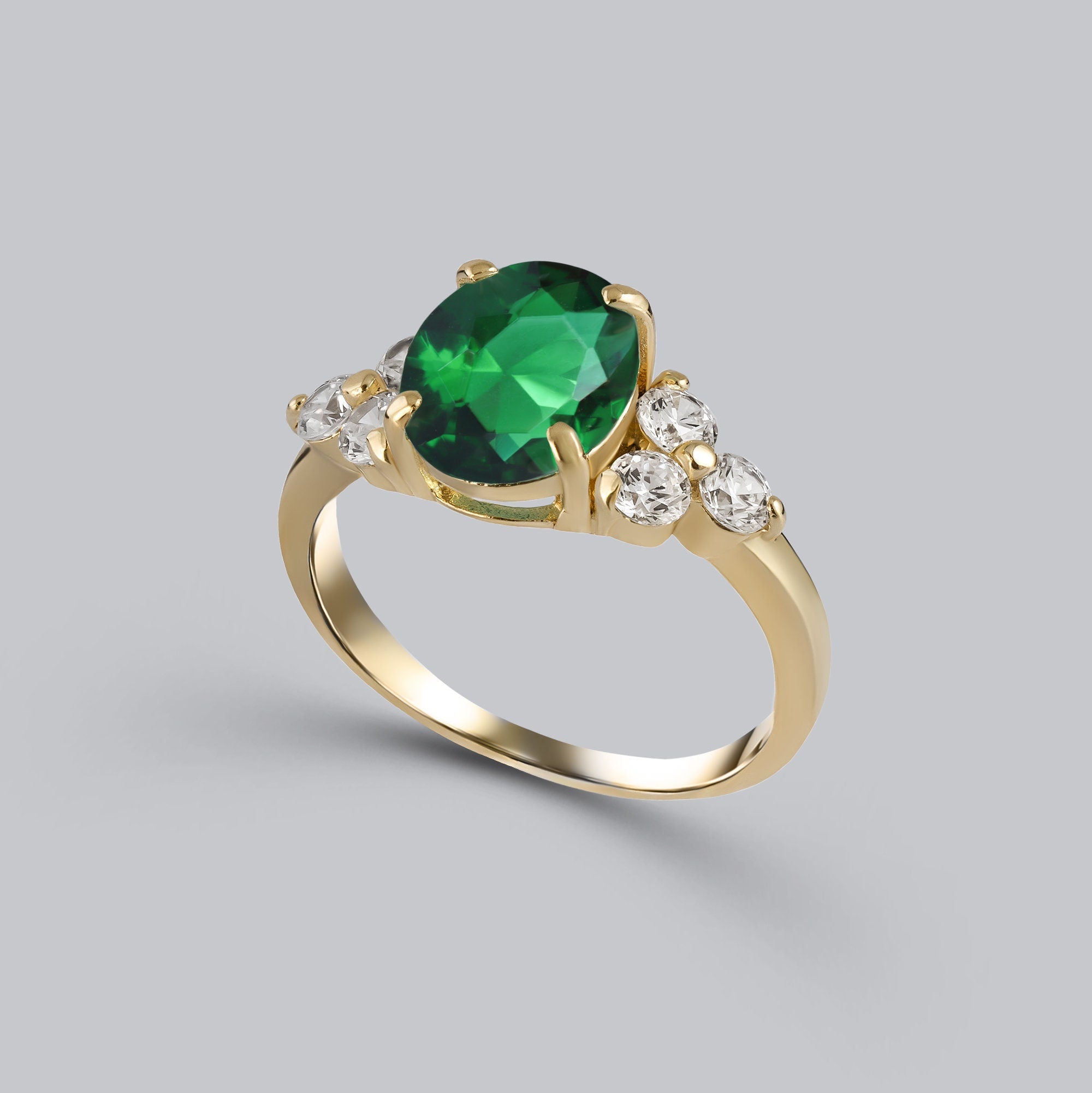 Emerald Ring - May Birthstone - Statement Engagement Ring with Oval Emerald Gemstone and Clear Quartz Accents - H.L.Jewelry