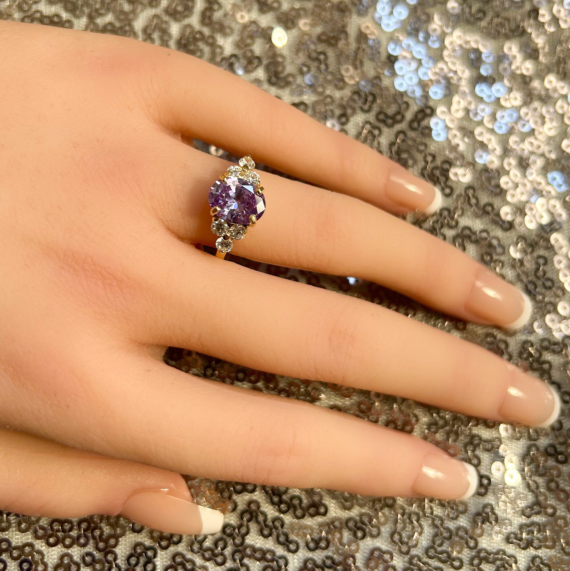 Lavender Amethyst Ring - Statement Engagement Ring with Oval Lavender Amethyst Gemstone and Clear Quartz Accents - H.L.Jewelry