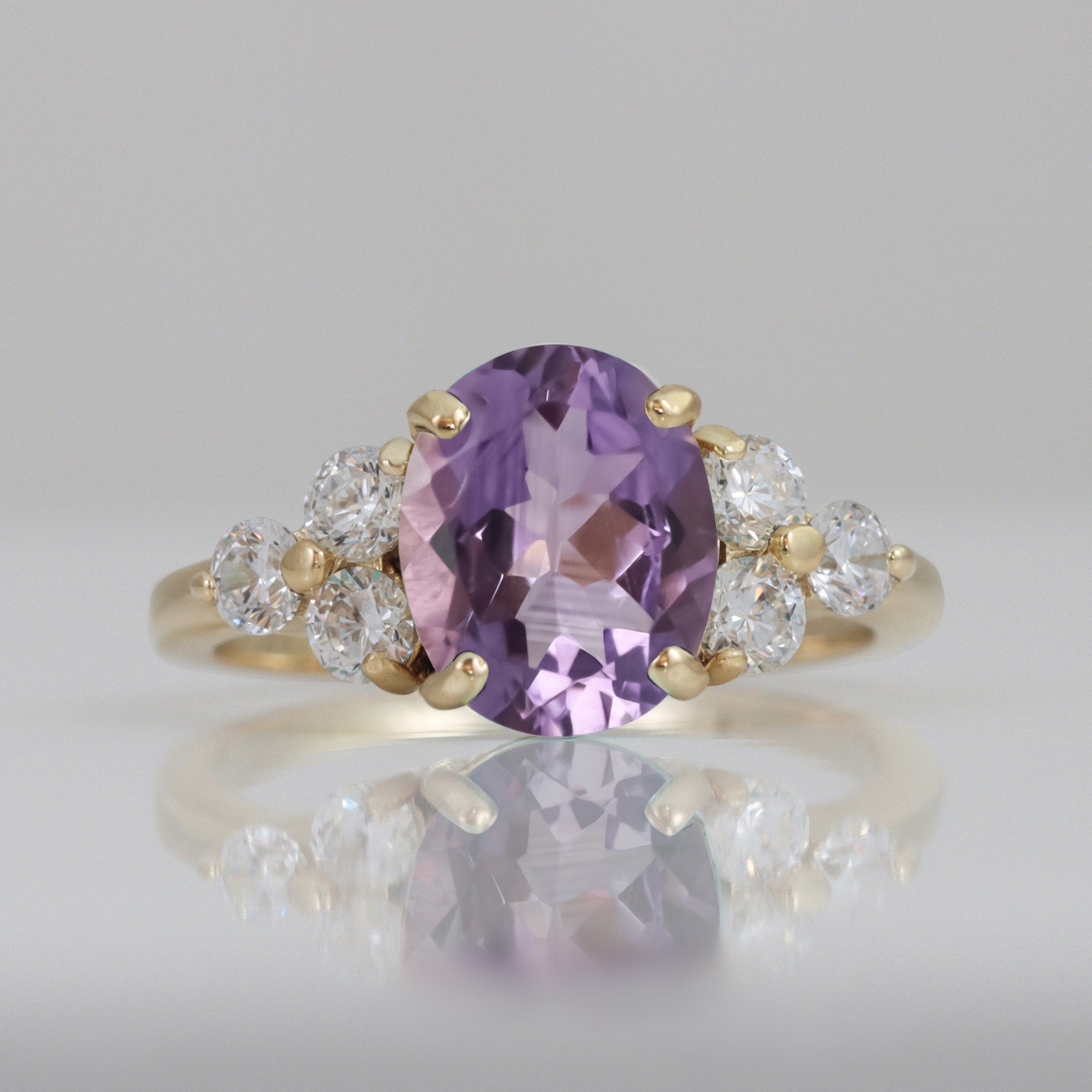 Purple Amethyst Ring - February Birthstone - Oval Purple Amethyst Gemstone Statement Engagement Ring with Clear Quartz Accents - H.L.Jewelry