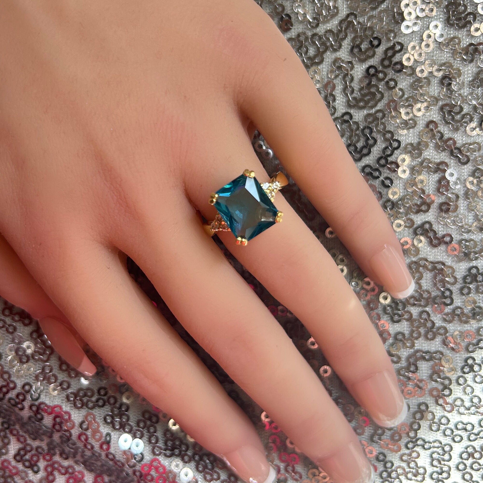 Blue Topaz Ring - December Birthstone - Octagon Blue Topaz Statement Engagement Ring with Clear Quartz Accents - H.L.Jewelry