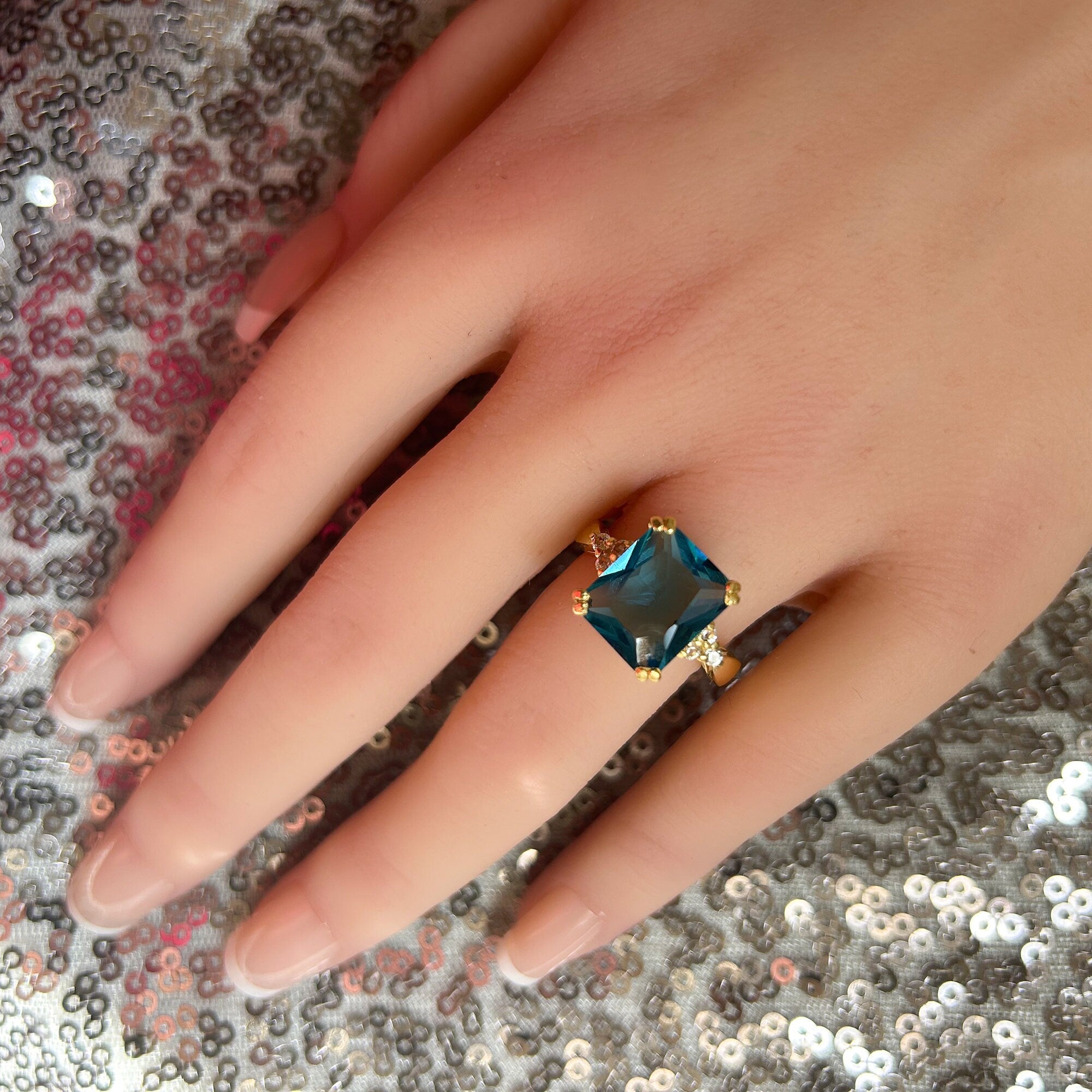 Blue Topaz Ring - December Birthstone - Octagon Blue Topaz Statement Engagement Ring with Clear Quartz Accents - H.L.Jewelry