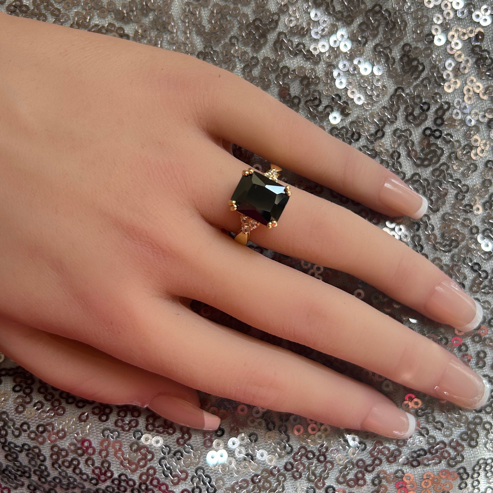 Black Onyx Ring - December Birthstone - Statement Engagement Ring with Octagon Black Onyx Gemstone and Clear Quartz Accents - H.L.Jewelry