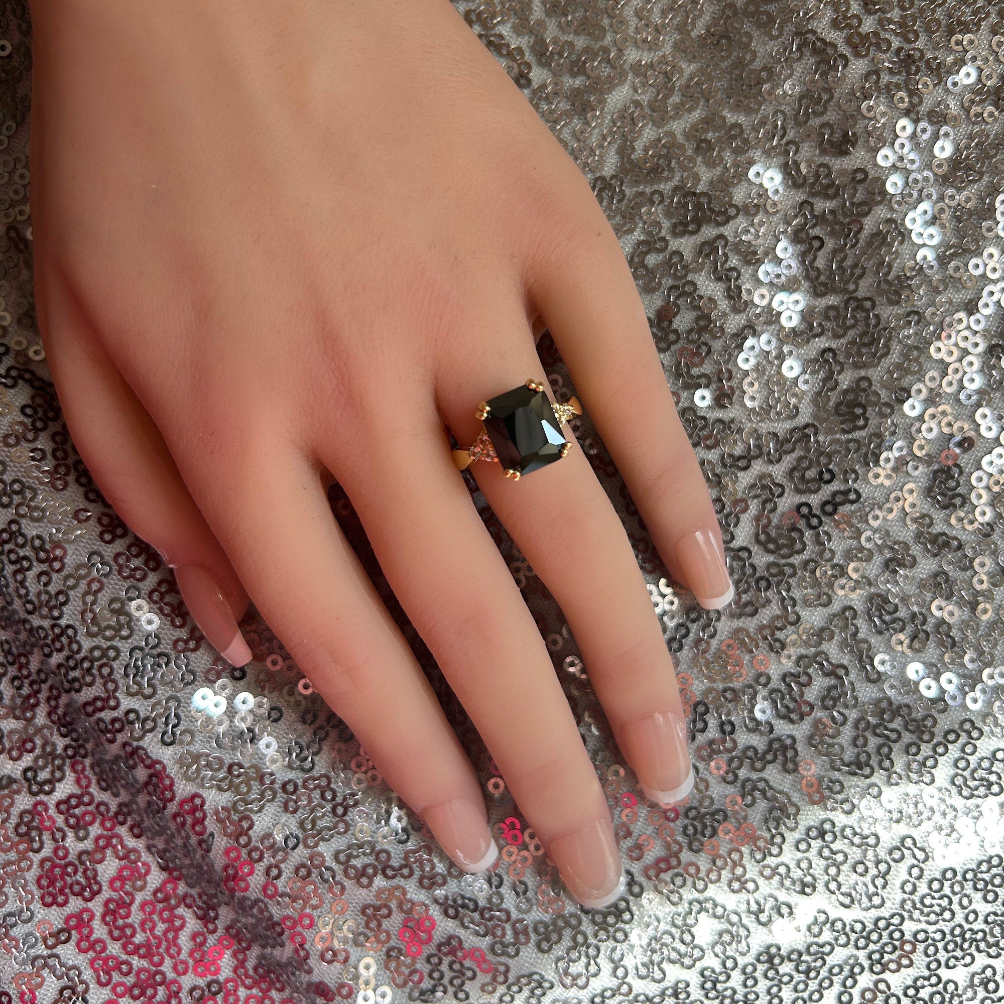 Black Onyx Ring - December Birthstone - Statement Engagement Ring with Octagon Black Onyx Gemstone and Clear Quartz Accents - H.L.Jewelry