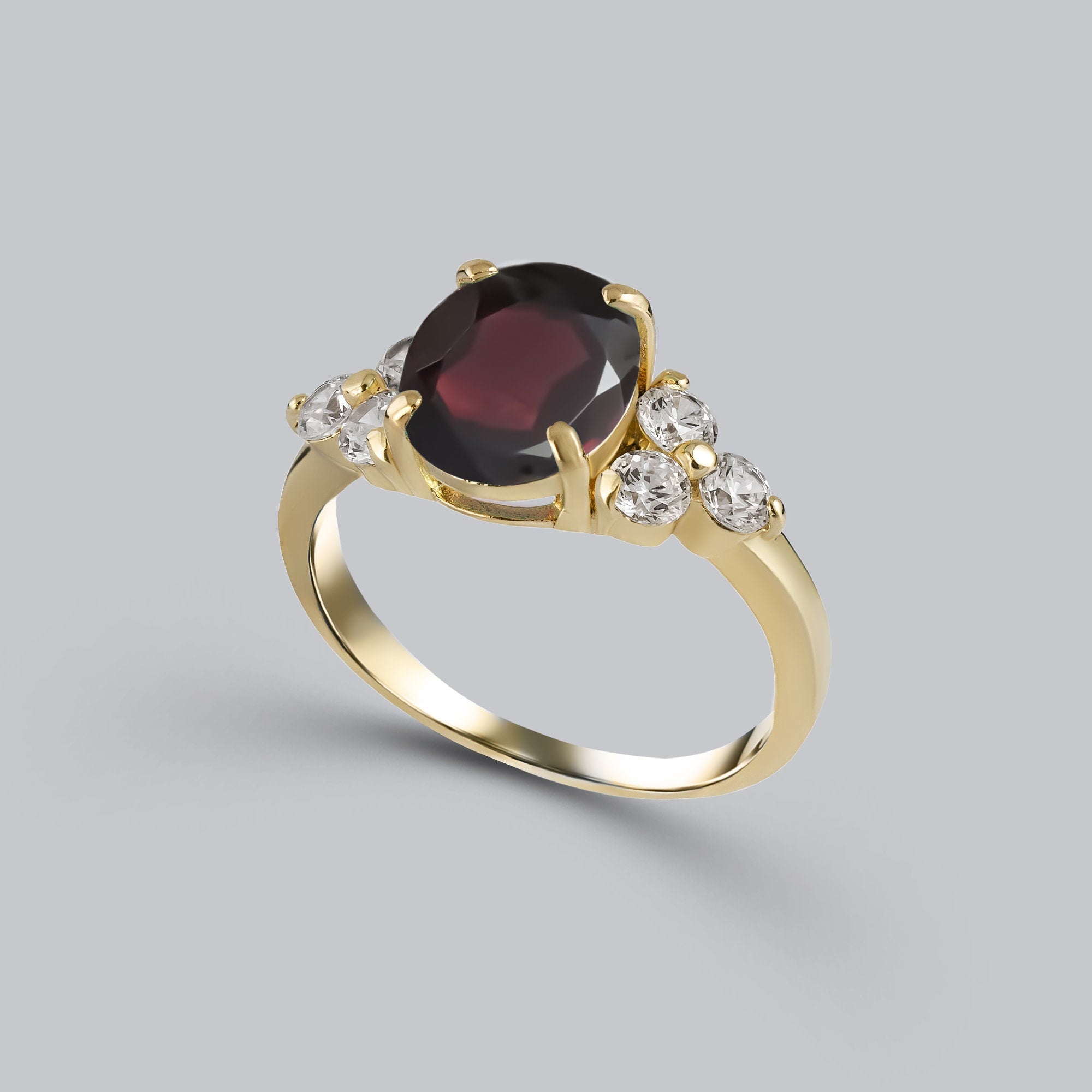 Red Garnet Ring - January Birthstone - Oval Red Garnet Gemstone Statement Engagement Ring with Clear Quartz Accents - H.L.Jewelry