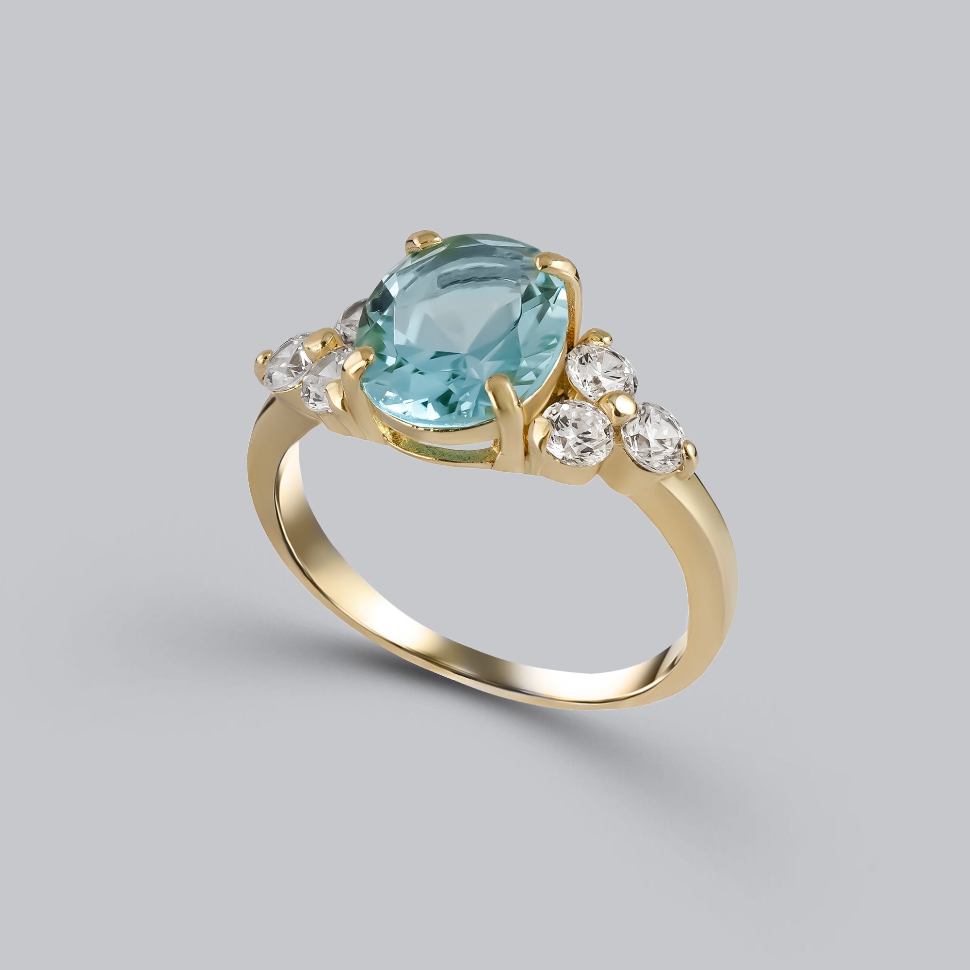 Aquamarine Ring - March Birthstone - Engagement Oval Aquamarine Ring and Clear Quartz Accents - H.L.Jewelry