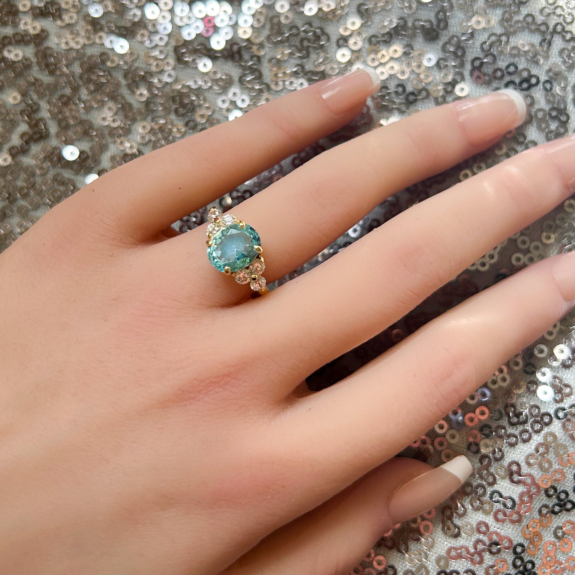 Aquamarine Ring - March Birthstone - Engagement Oval Aquamarine Ring and Clear Quartz Accents - H.L.Jewelry